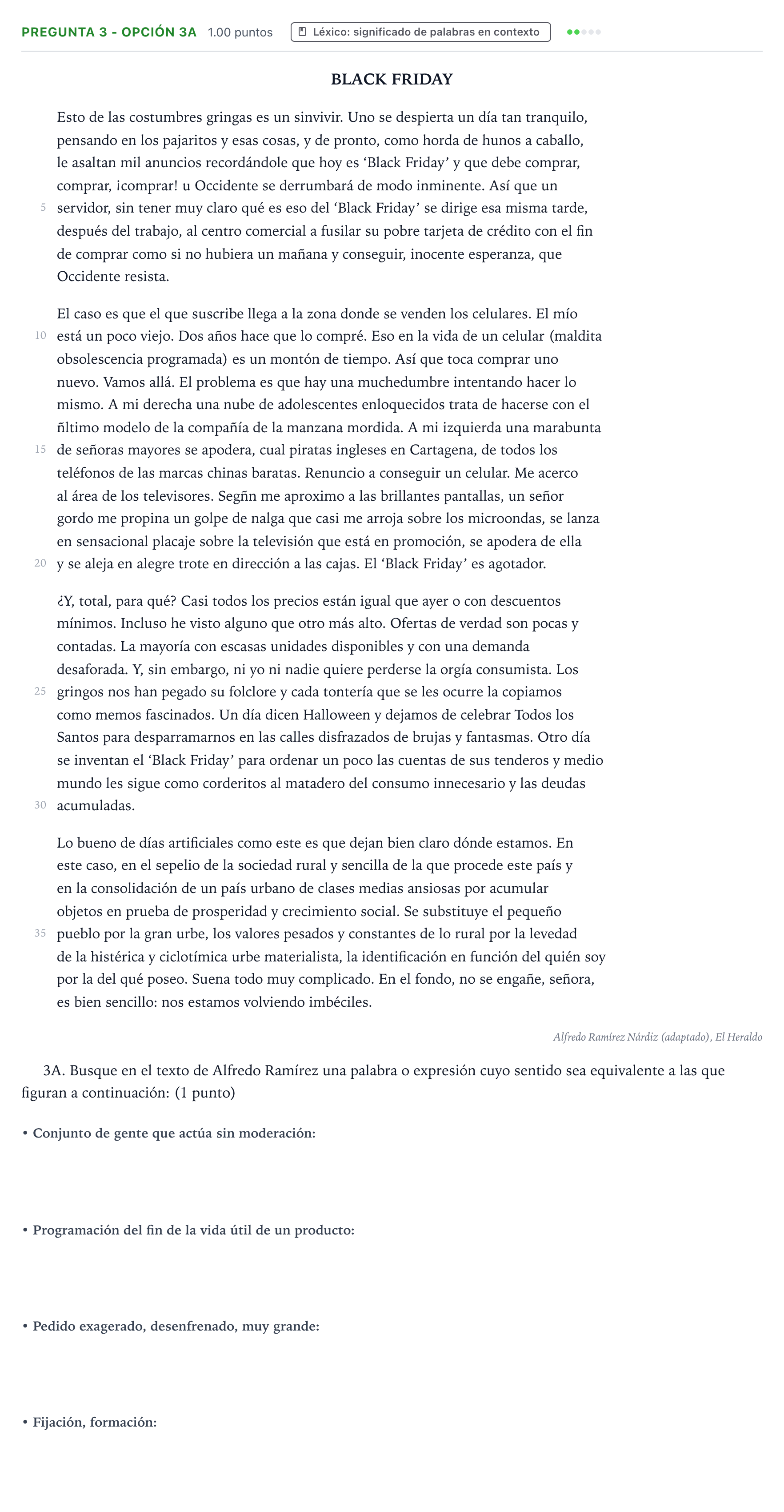 Enunciado: Pregunta 3 - Opción 3A · Lengua Castellana y Literatura II PAU País Vasco Ordinaria 2021