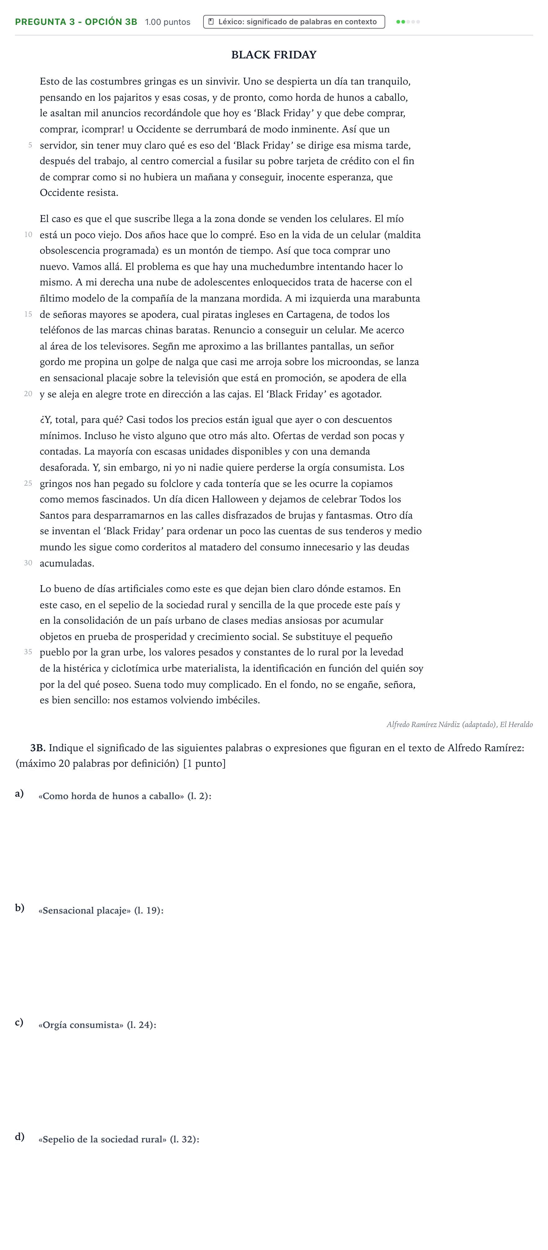 Enunciado: Pregunta 3 - Opción 3B · Lengua Castellana y Literatura II PAU País Vasco Ordinaria 2021