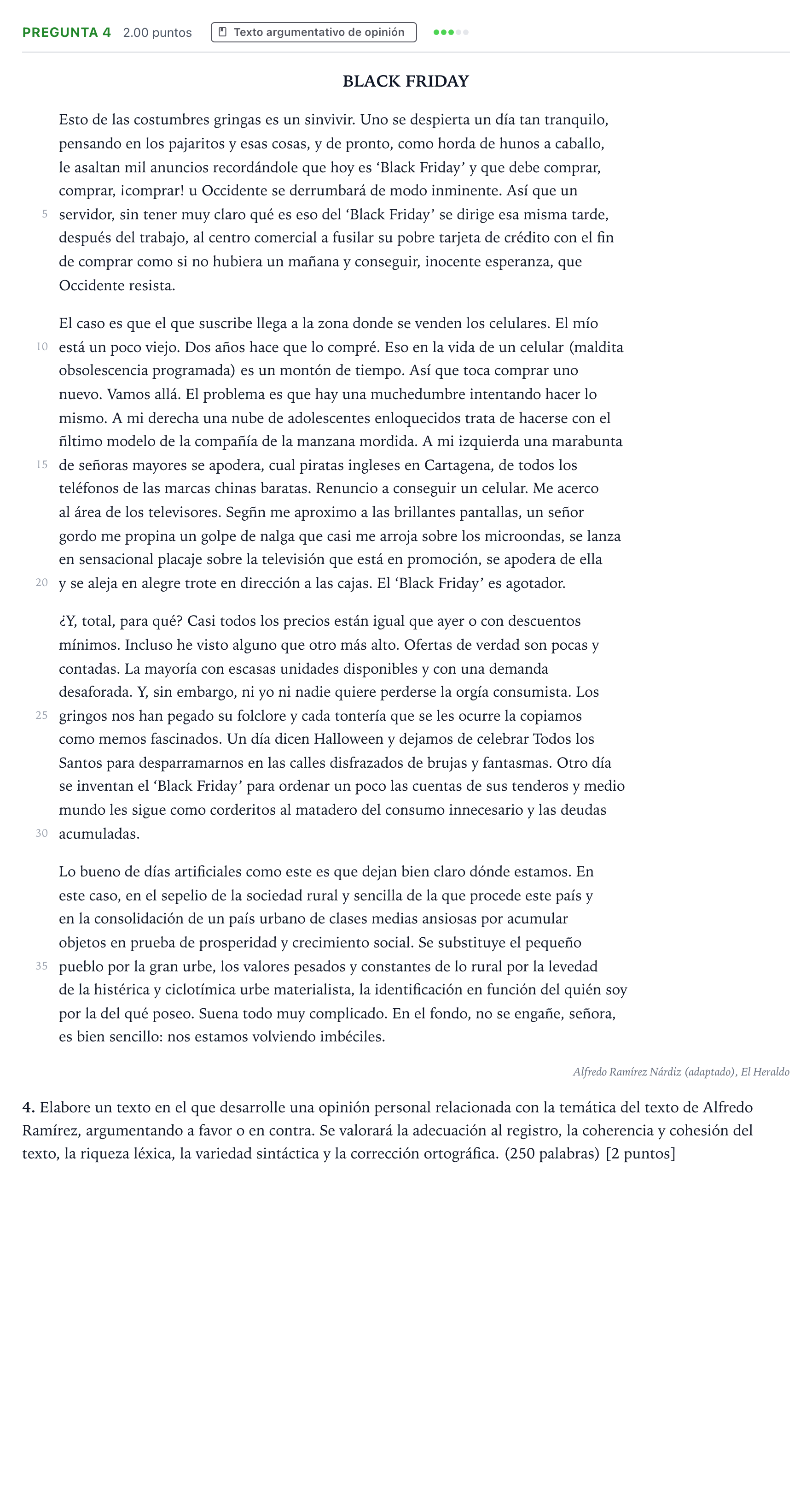 Enunciado: Pregunta 4 · Lengua Castellana y Literatura II PAU País Vasco Ordinaria 2021