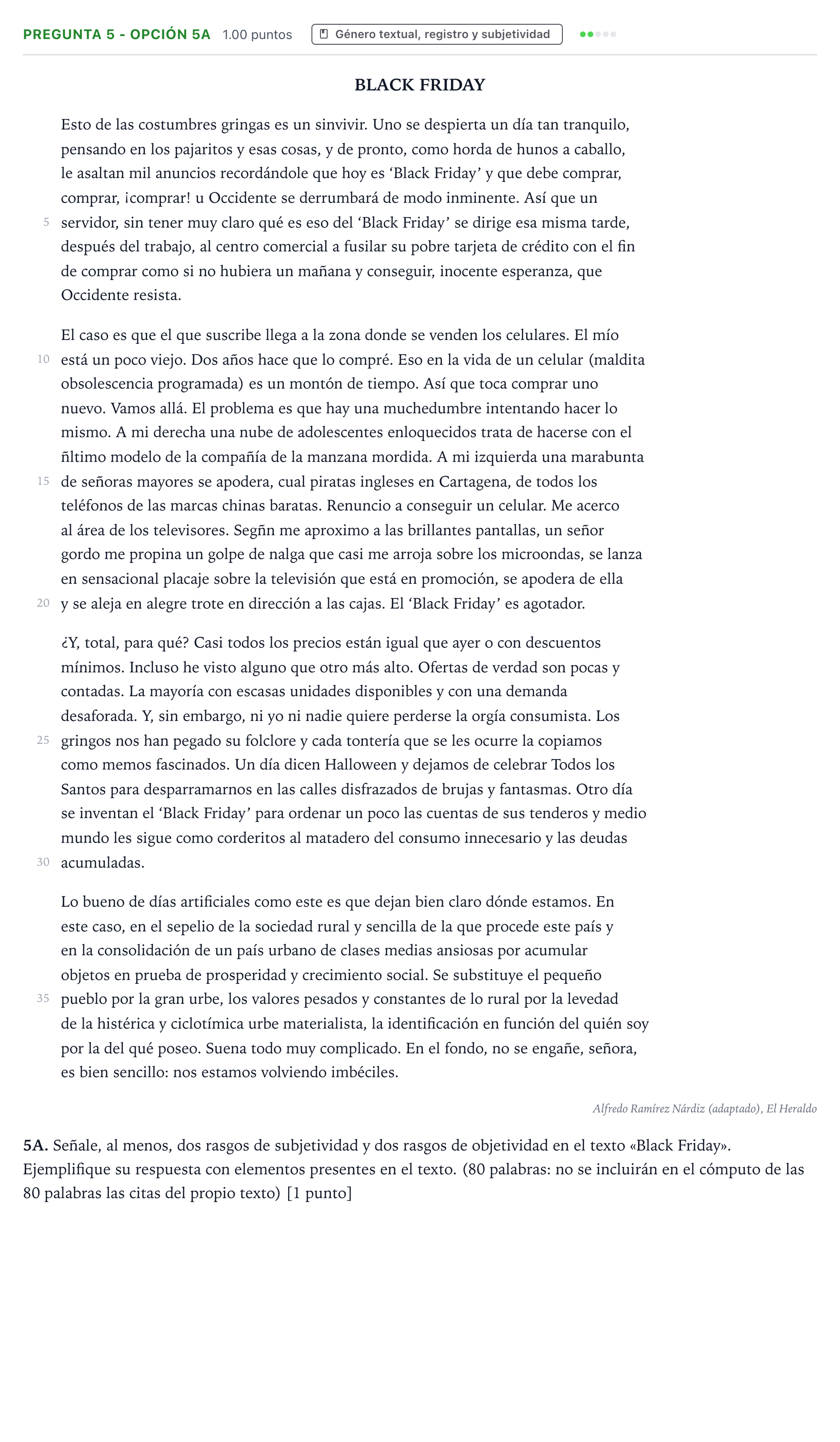 Enunciado: Pregunta 5 - Opción 5A · Lengua Castellana y Literatura II PAU País Vasco Ordinaria 2021