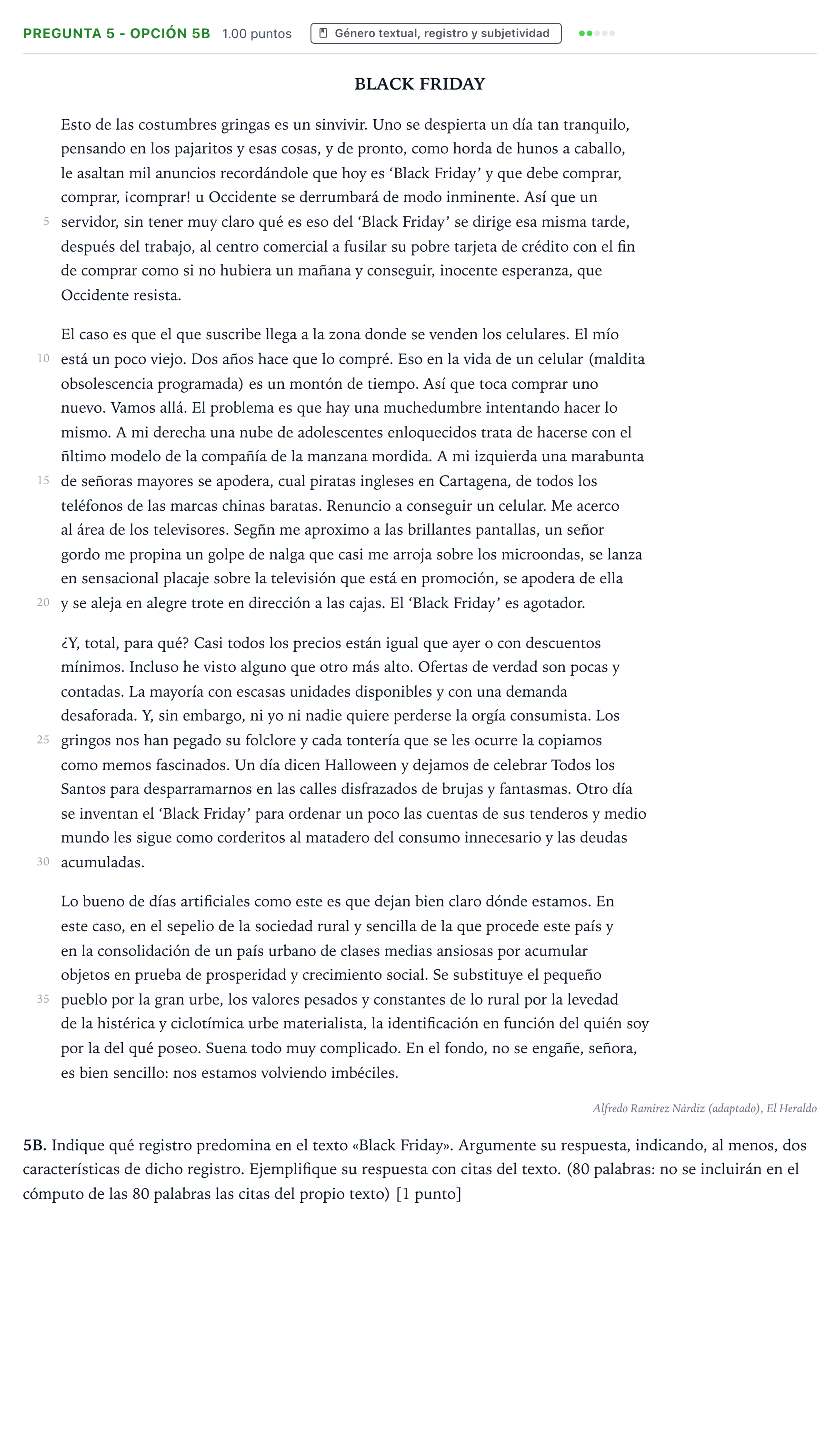 Enunciado: Pregunta 5 - Opción 5B · Lengua Castellana y Literatura II PAU País Vasco Ordinaria 2021