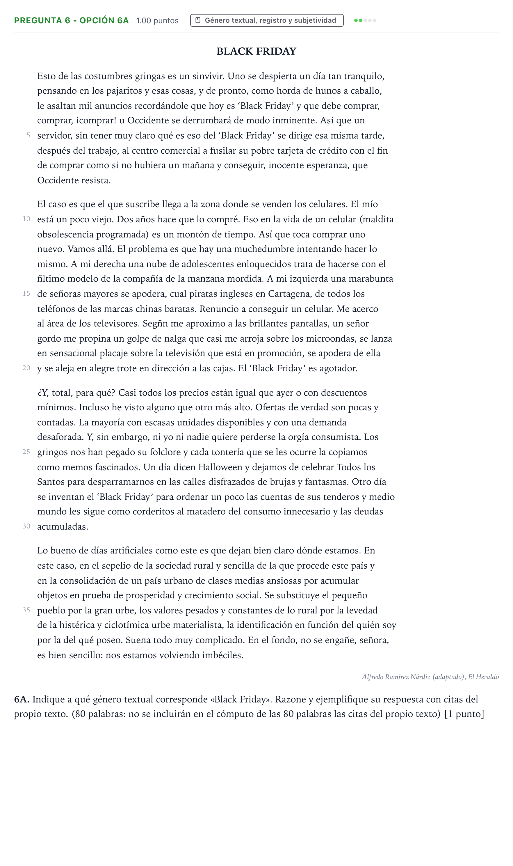 Enunciado: Pregunta 6 - Opción 6A · Lengua Castellana y Literatura II PAU País Vasco Ordinaria 2021
