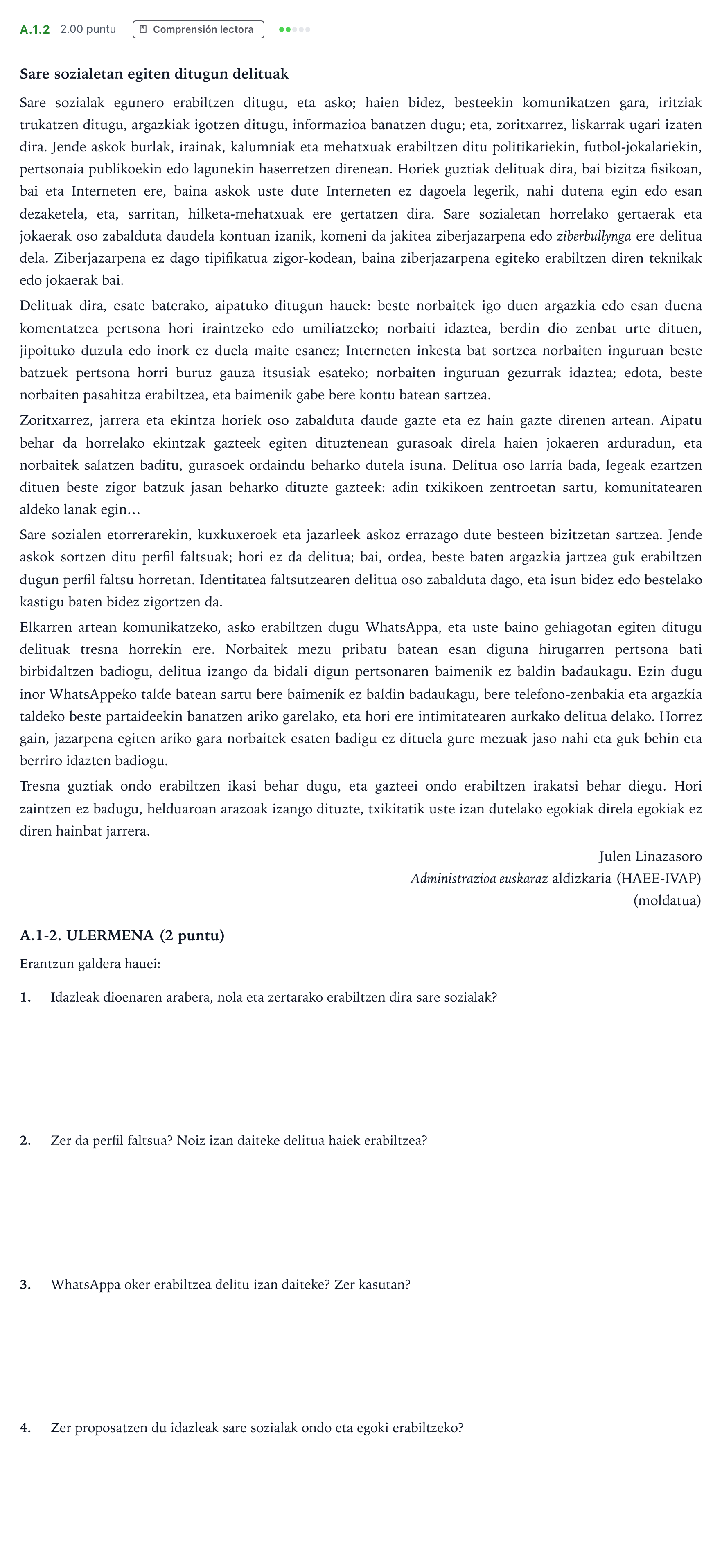 Enunciado: Ejercicio A.1.2 · Lengua Vasca y Literatura II PAU País Vasco Extraordinaria 2021