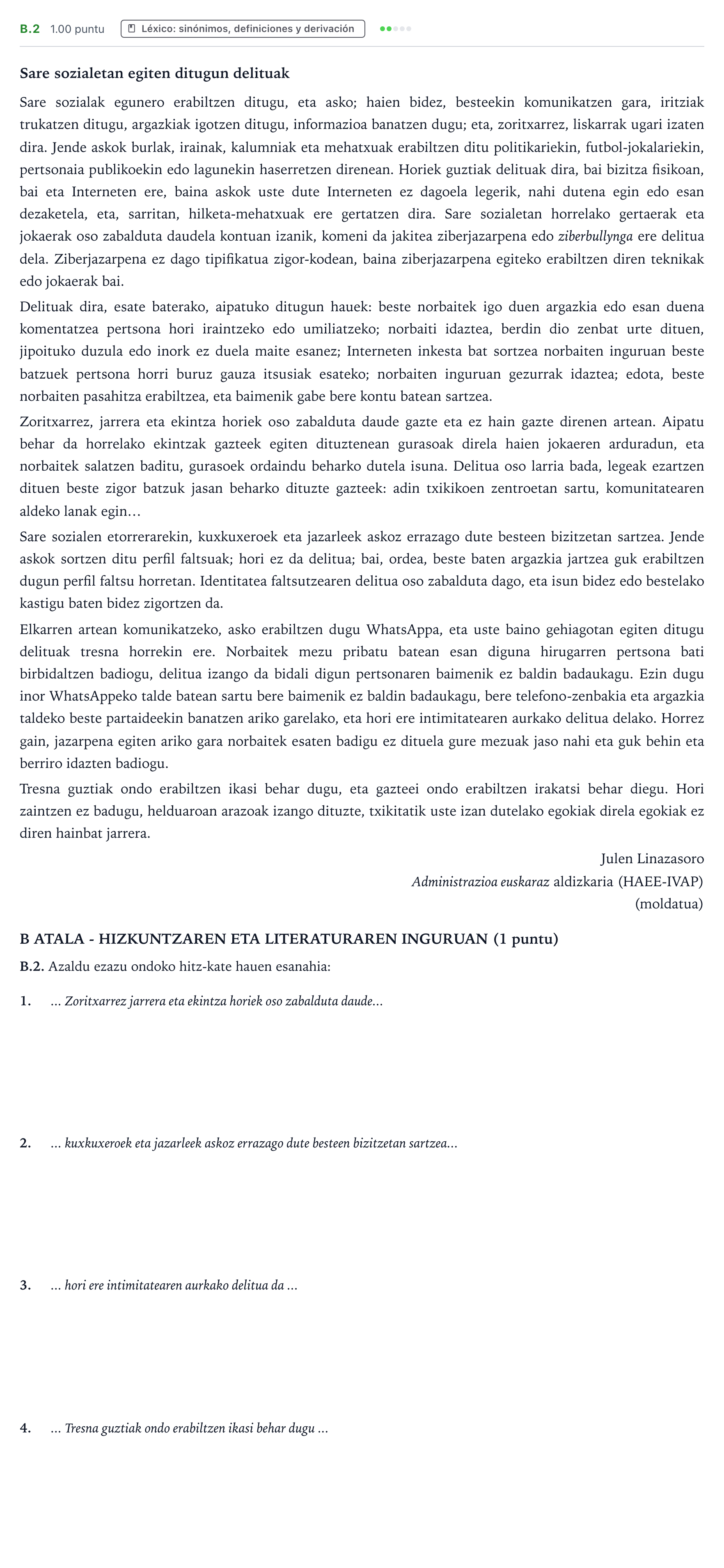 Enunciado: Ejercicio B.2 · Lengua Vasca y Literatura II PAU País Vasco Extraordinaria 2021