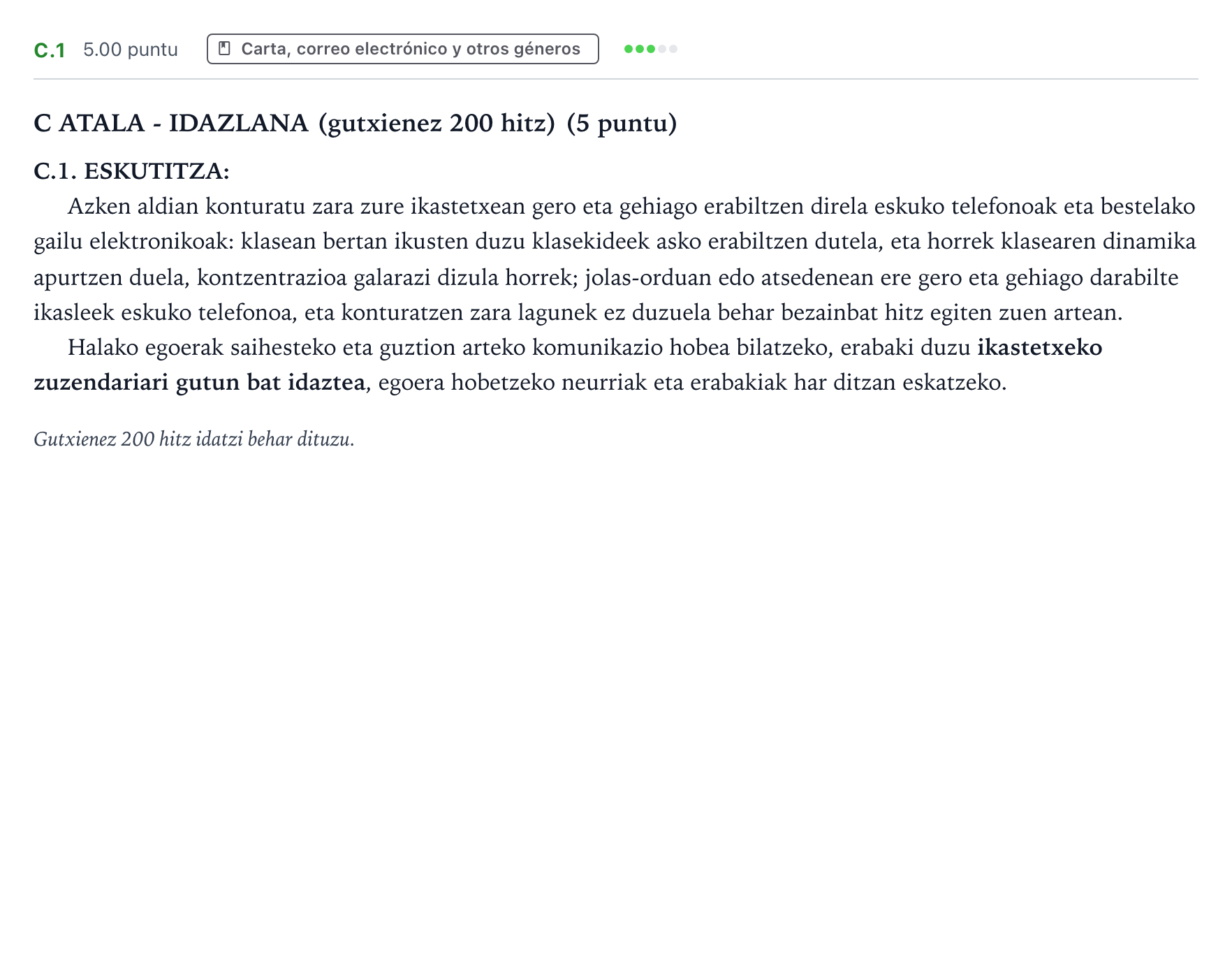 Enunciado: Ejercicio C.1 · Lengua Vasca y Literatura II PAU País Vasco Extraordinaria 2021