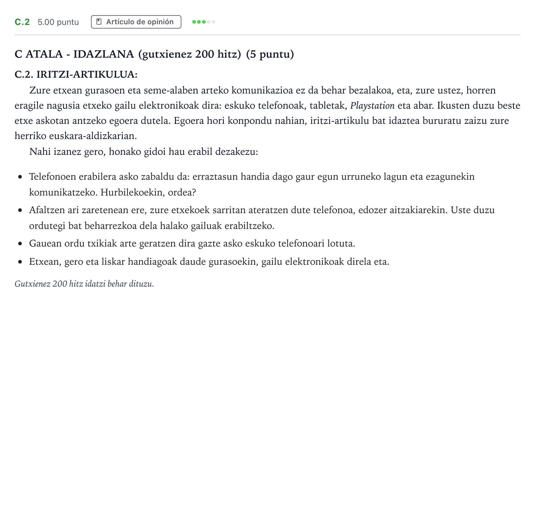 Enunciado: Ejercicio C.2 · Lengua Vasca y Literatura II PAU País Vasco Extraordinaria 2021