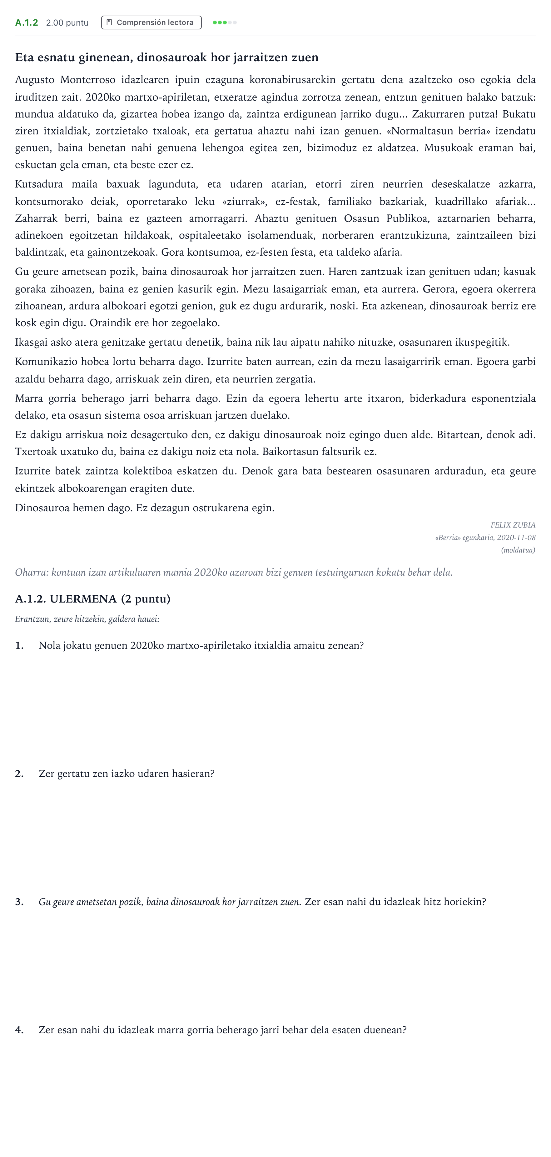 Enunciado: Ejercicio A.1.2 · Lengua Vasca y Literatura II PAU País Vasco Ordinaria 2021