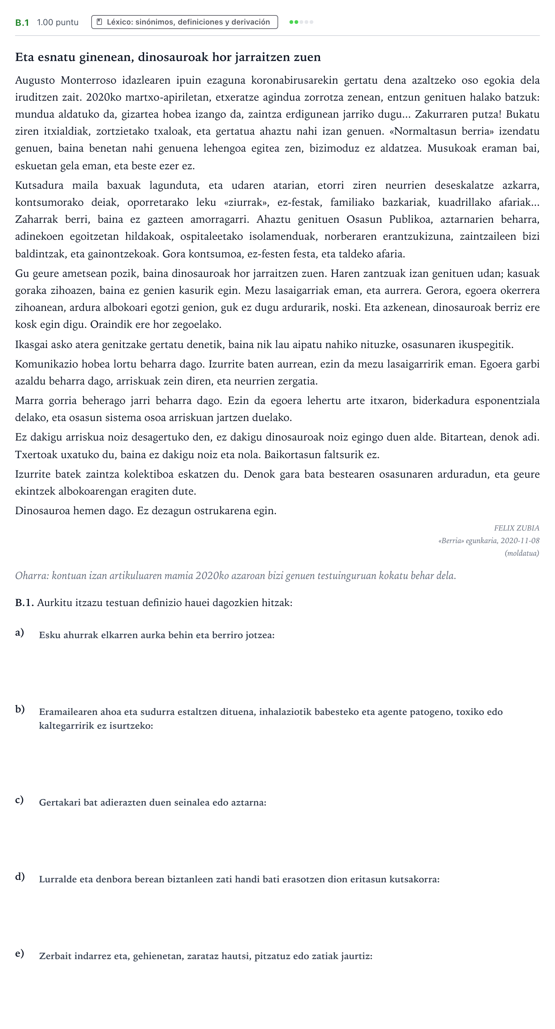 Enunciado: Ejercicio B.1 · Lengua Vasca y Literatura II PAU País Vasco Ordinaria 2021
