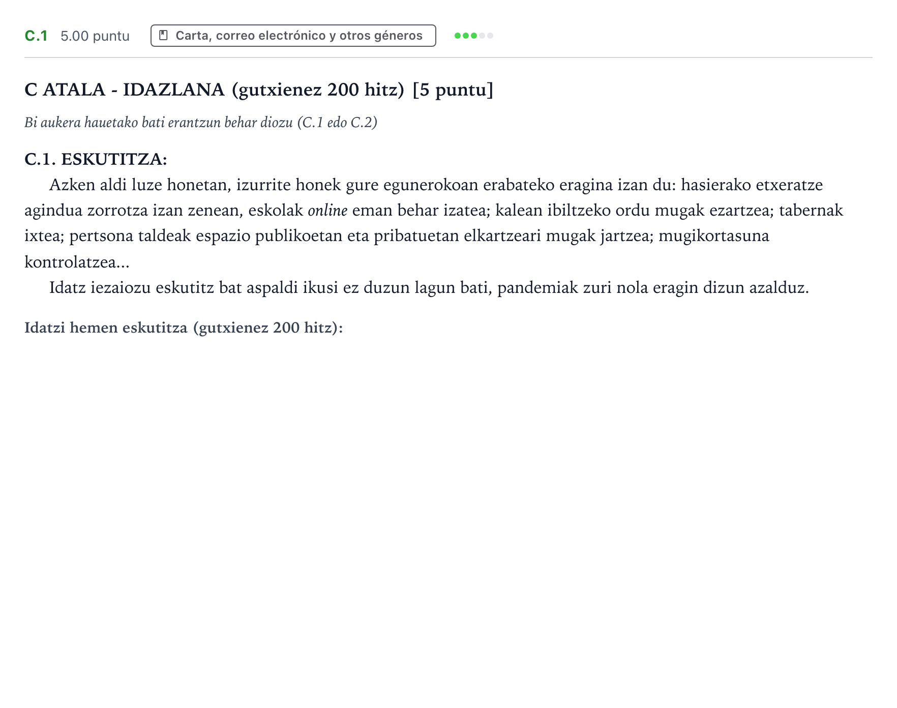 Enunciado: Ejercicio C.1 · Lengua Vasca y Literatura II PAU País Vasco Ordinaria 2021