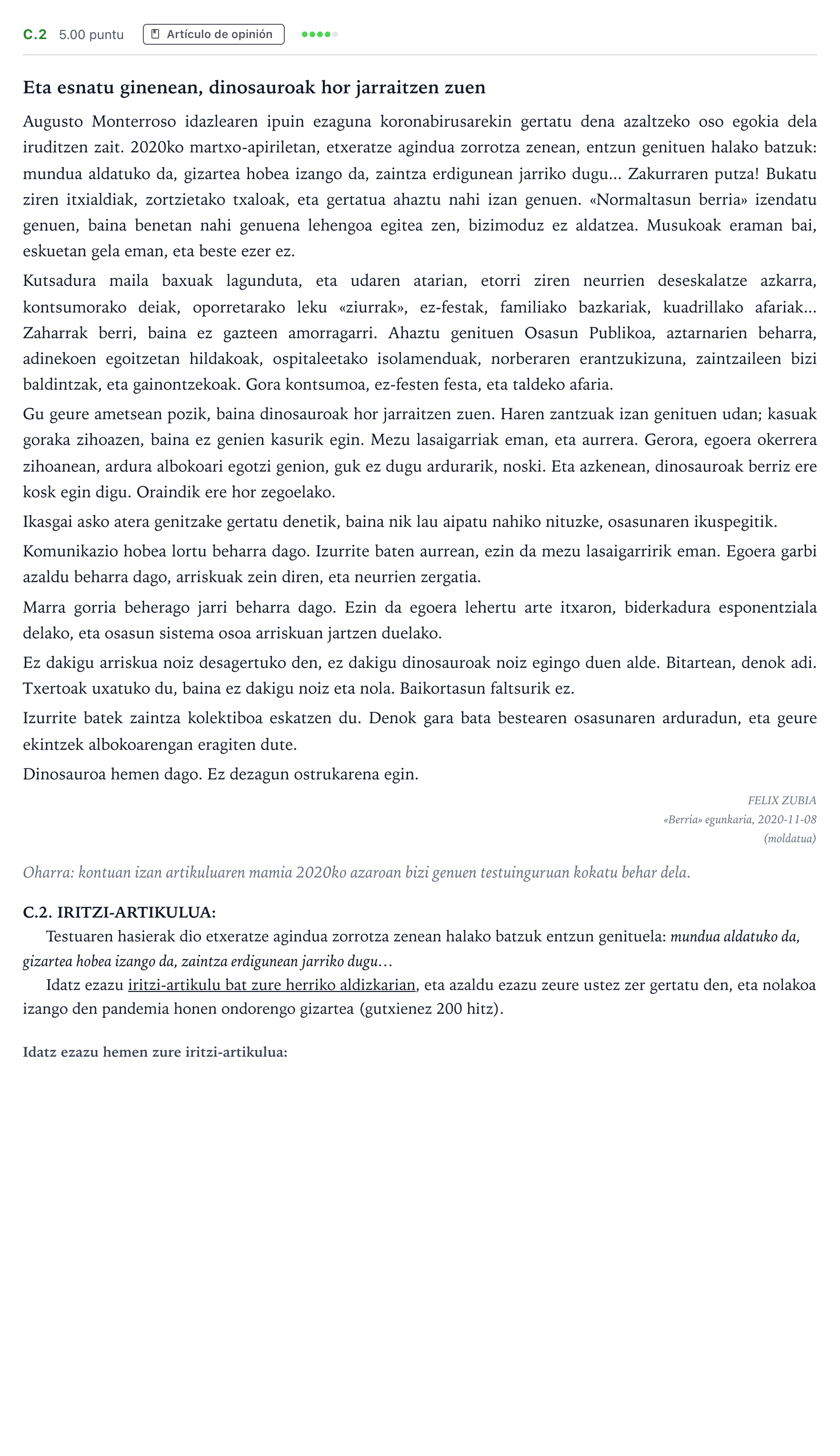Enunciado: Ejercicio C.2 · Lengua Vasca y Literatura II PAU País Vasco Ordinaria 2021
