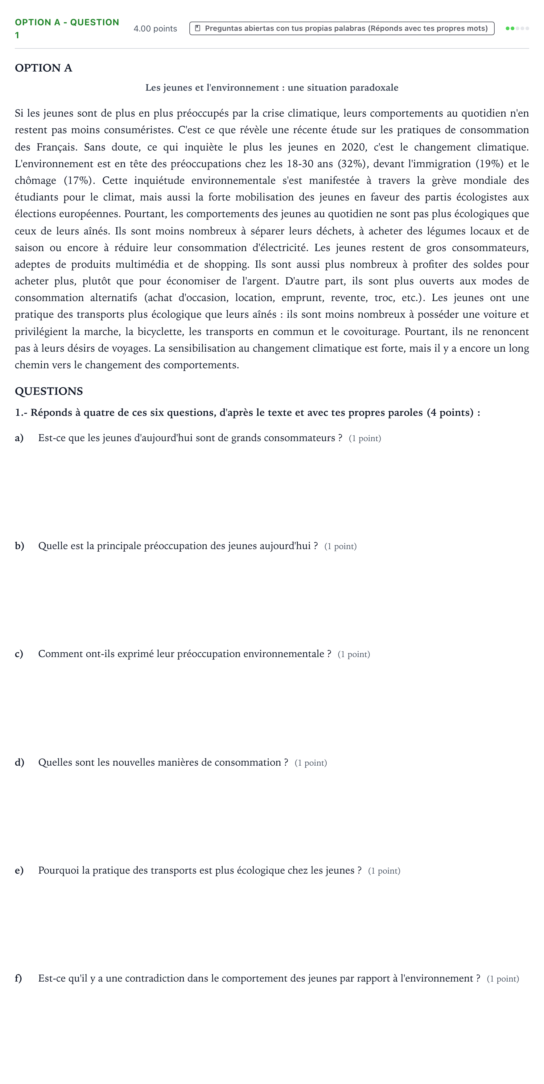 Enunciado: Ejercicio Option A - Question 1 · Francés PAU País Vasco Extraordinaria 2021
