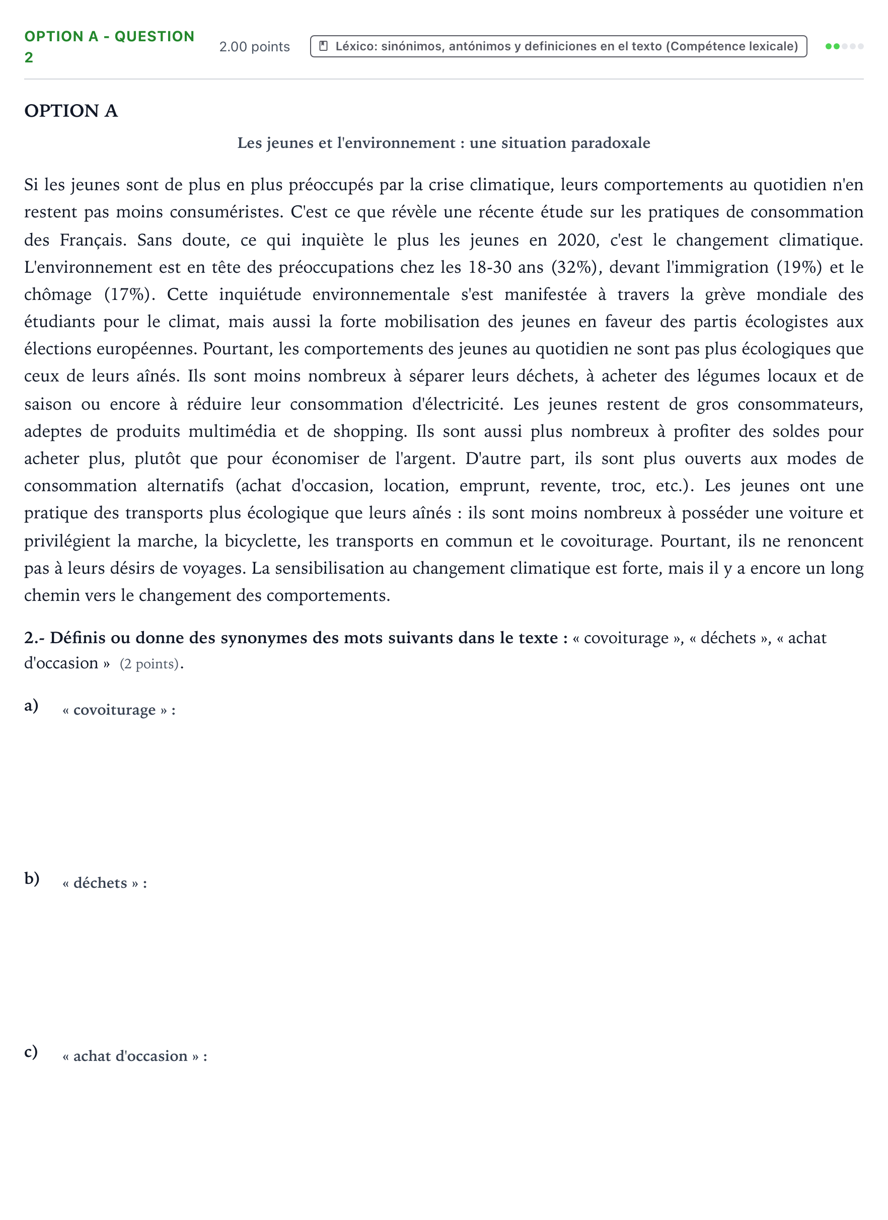 Enunciado: Ejercicio Option A - Question 2 · Francés PAU País Vasco Extraordinaria 2021