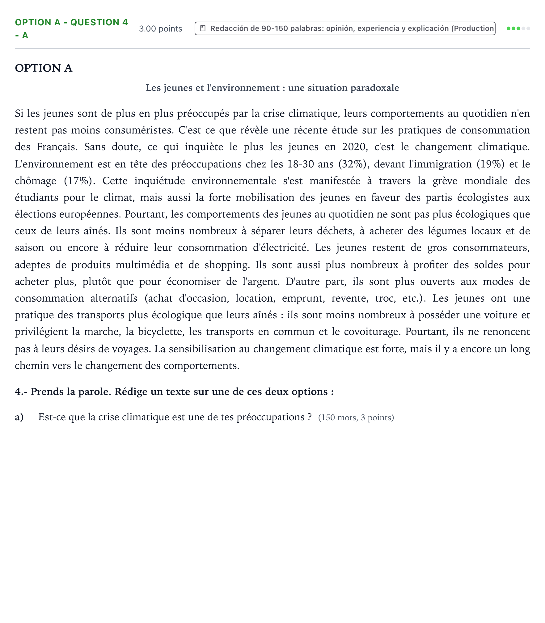 Enunciado: Ejercicio Option A - Question 4 - a · Francés PAU País Vasco Extraordinaria 2021