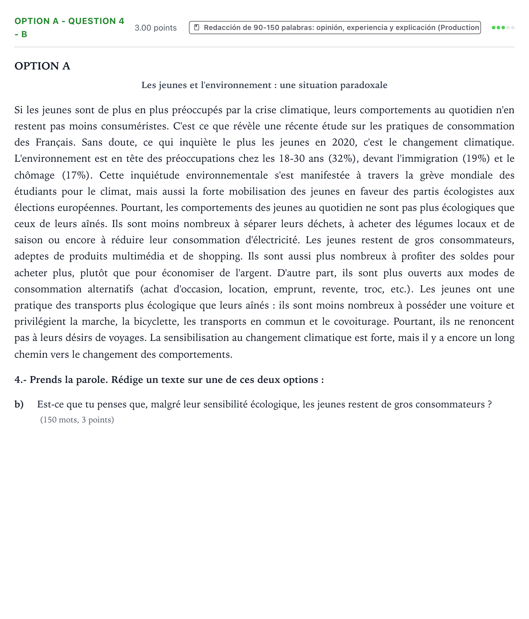 Enunciado: Ejercicio Option A - Question 4 - b · Francés PAU País Vasco Extraordinaria 2021
