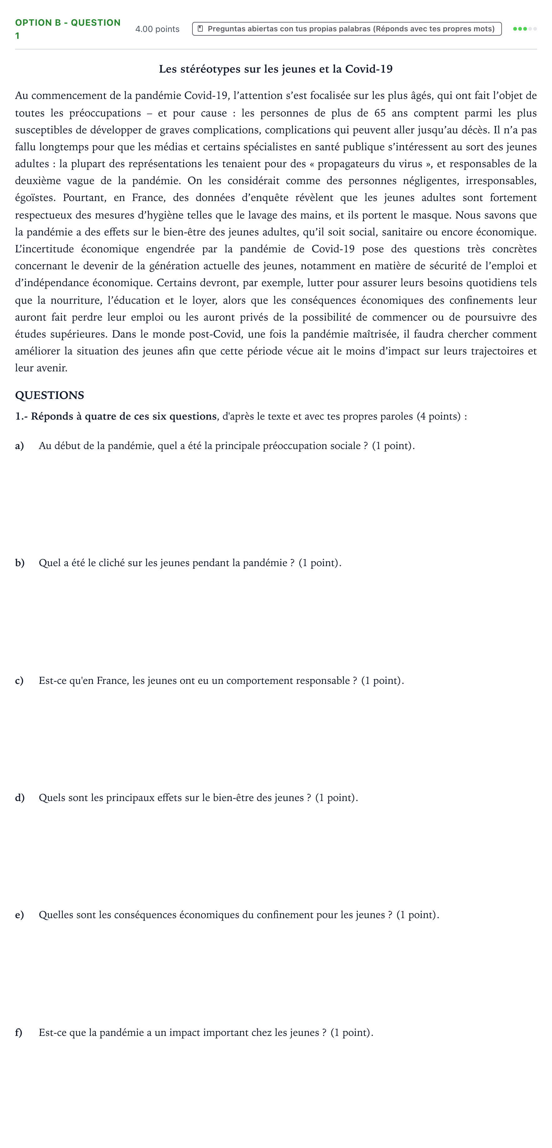 Enunciado: Ejercicio Option B - Question 1 · Francés PAU País Vasco Extraordinaria 2021