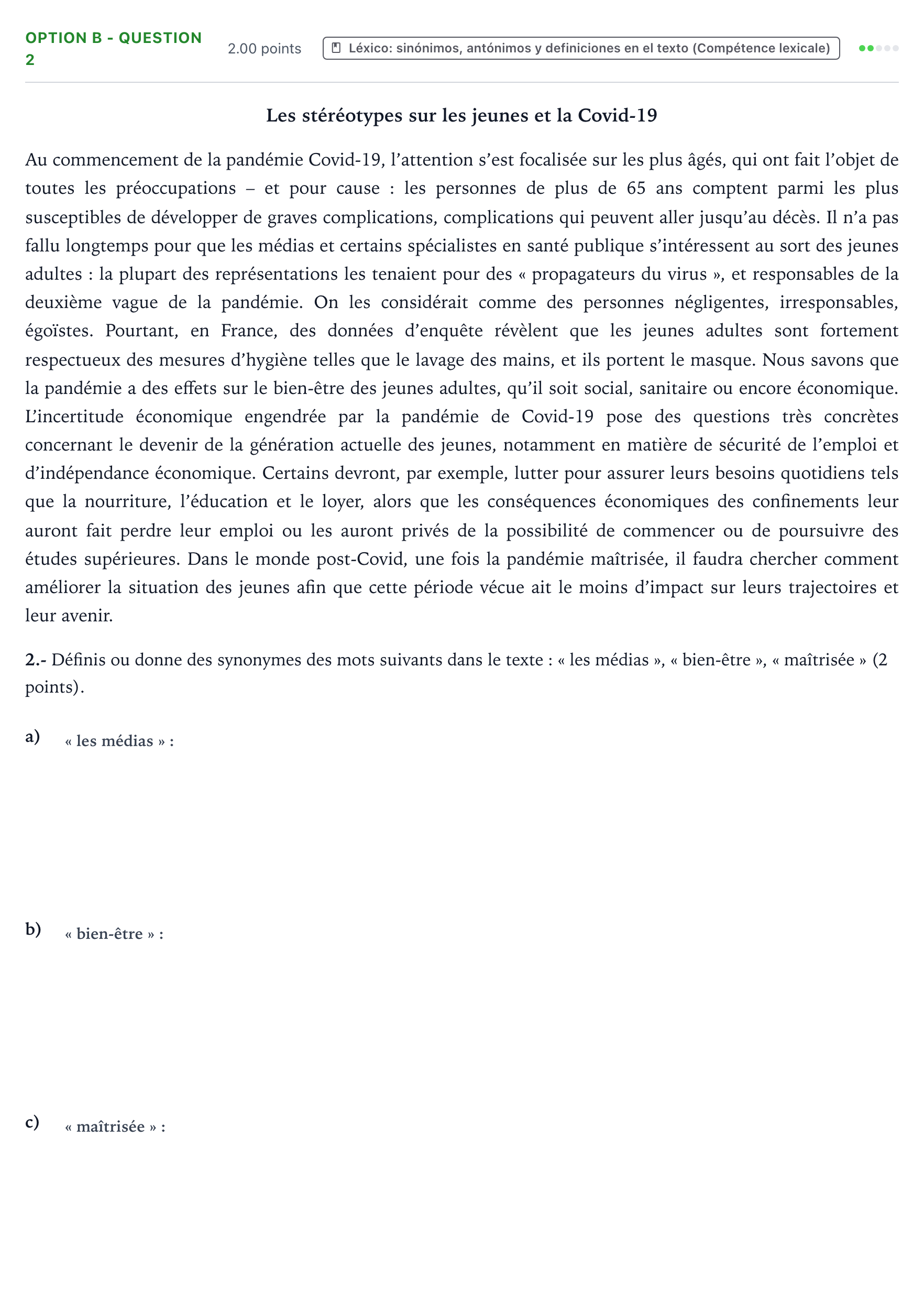 Enunciado: Ejercicio Option B - Question 2 · Francés PAU País Vasco Extraordinaria 2021