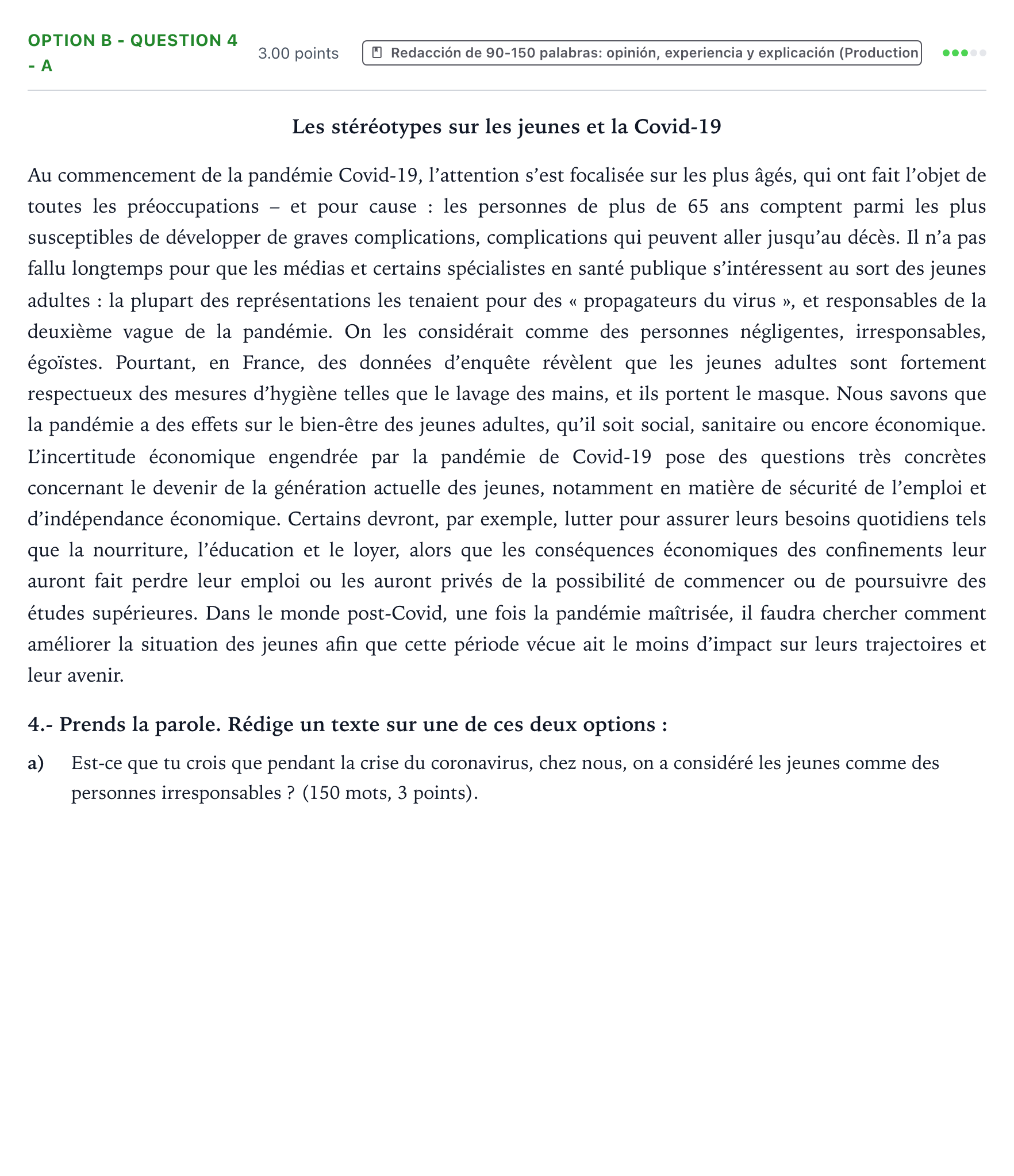 Enunciado: Ejercicio Option B - Question 4 - a · Francés PAU País Vasco Extraordinaria 2021