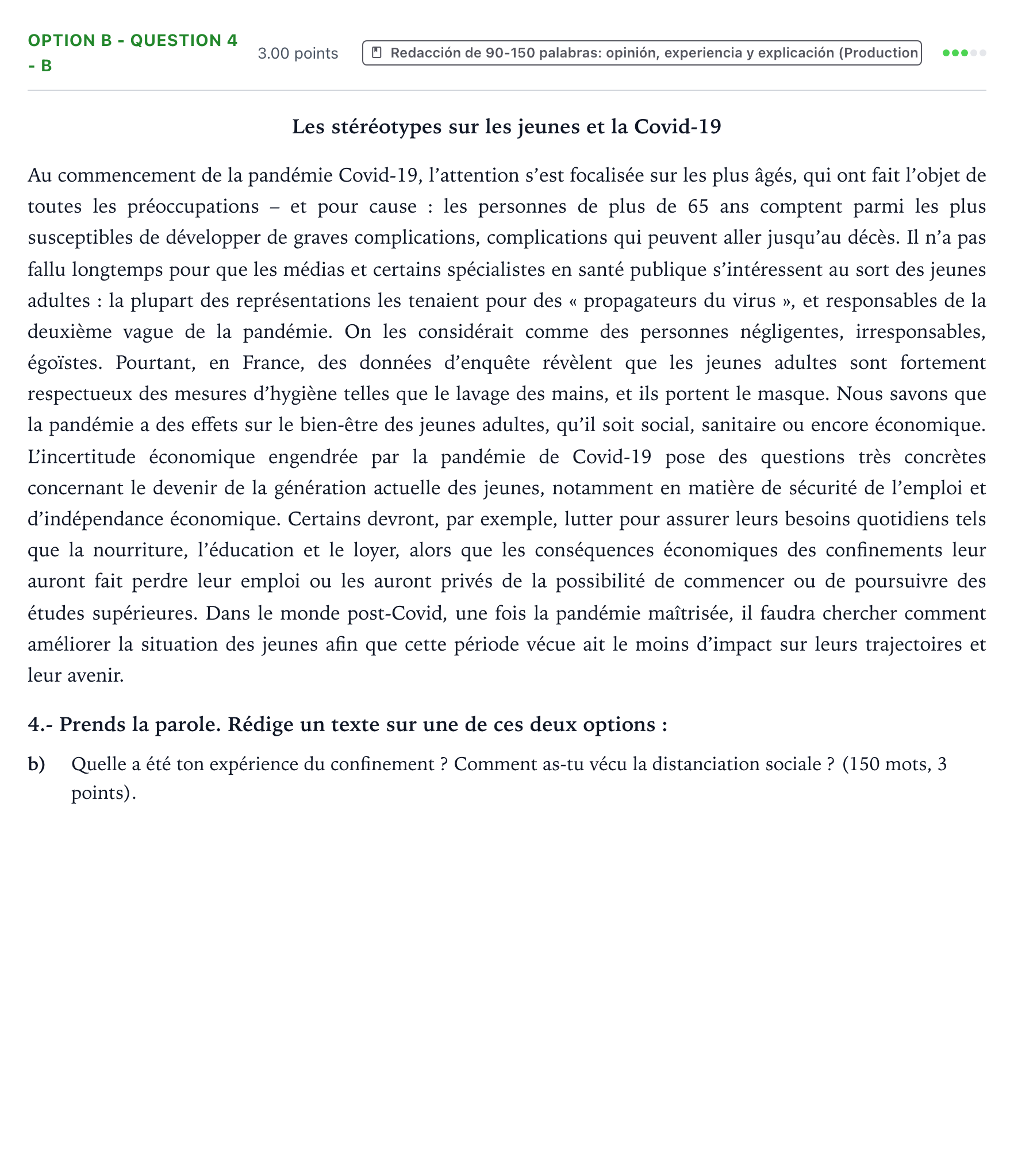 Enunciado: Ejercicio Option B - Question 4 - b · Francés PAU País Vasco Extraordinaria 2021