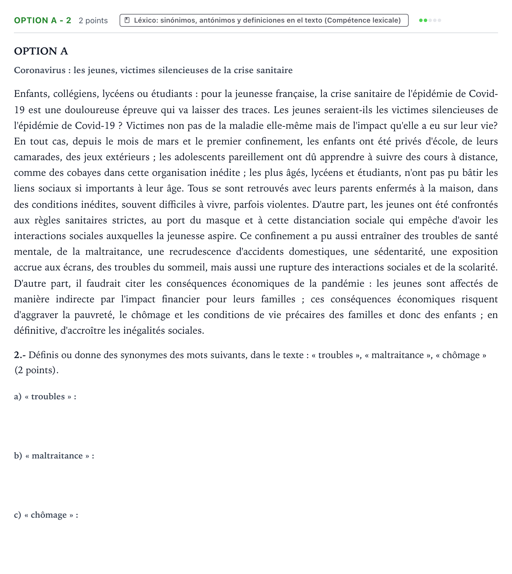 Enunciado: Ejercicio Option A - 2 · Francés PAU País Vasco Ordinaria 2021