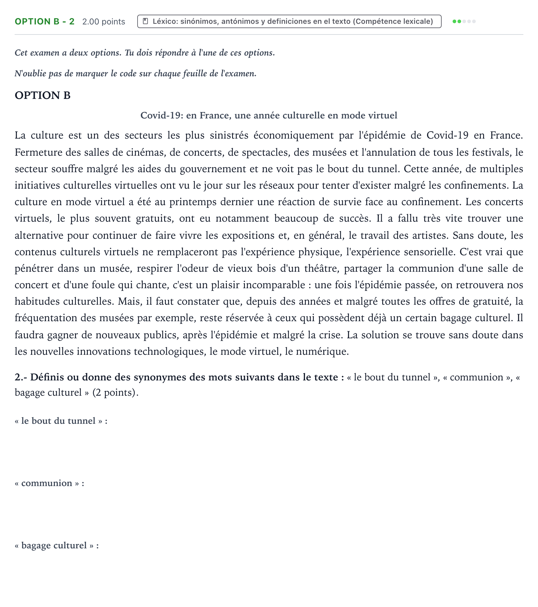 Enunciado: Ejercicio Option B - 2 · Francés PAU País Vasco Ordinaria 2021