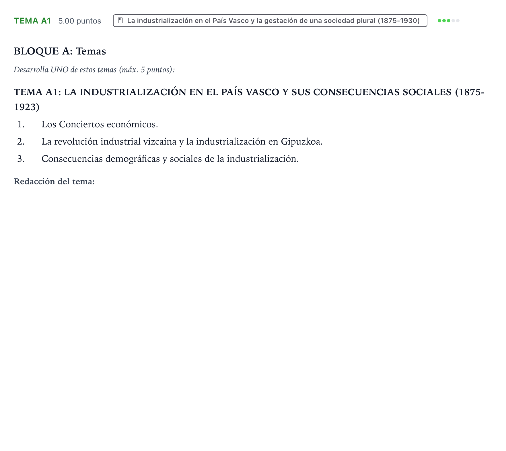 Enunciado: Ejercicio Tema A1 · Historia de España PAU País Vasco Extraordinaria 2021