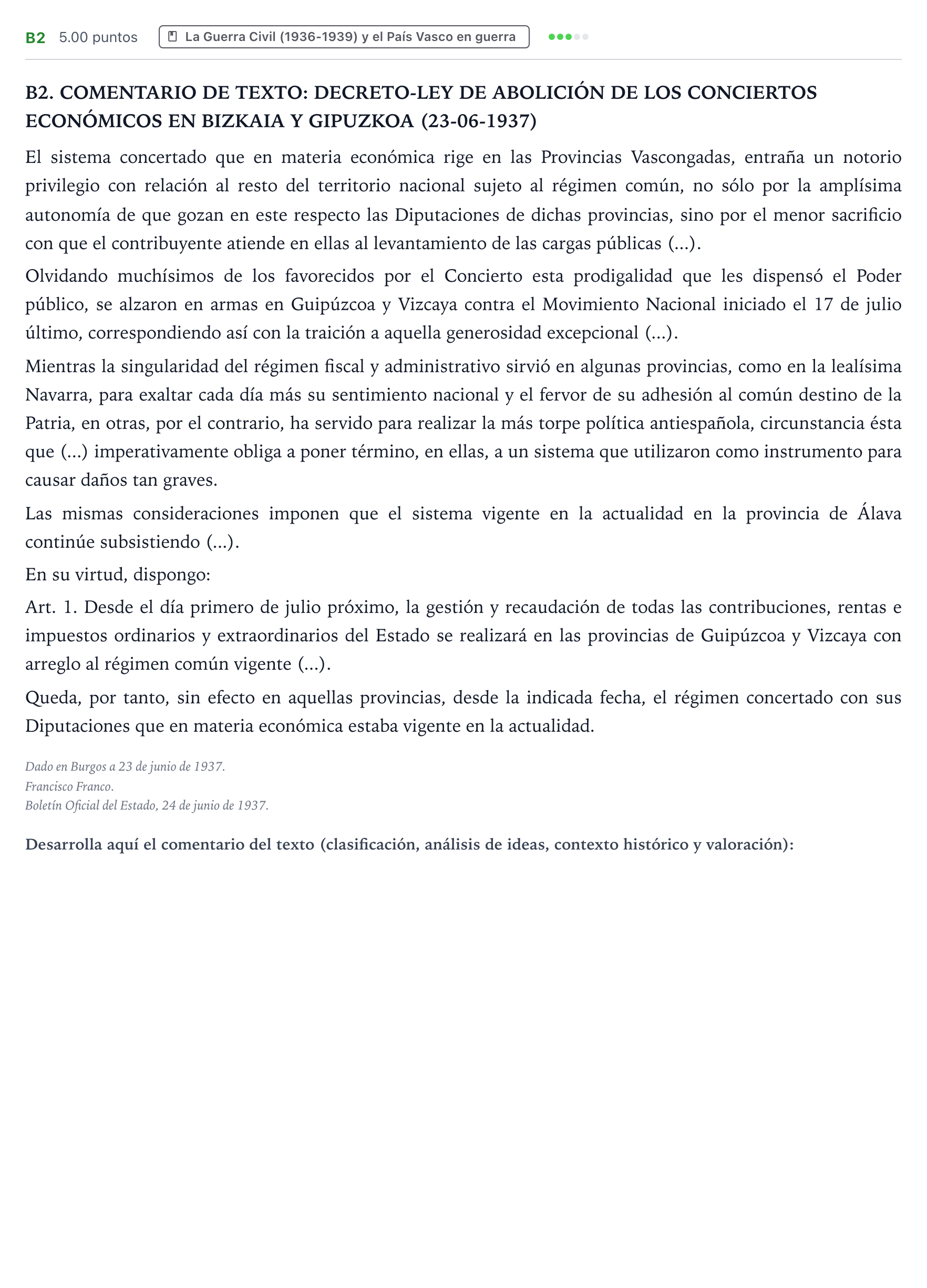 Enunciado: Ejercicio B2 · Historia de España PAU País Vasco Extraordinaria 2021