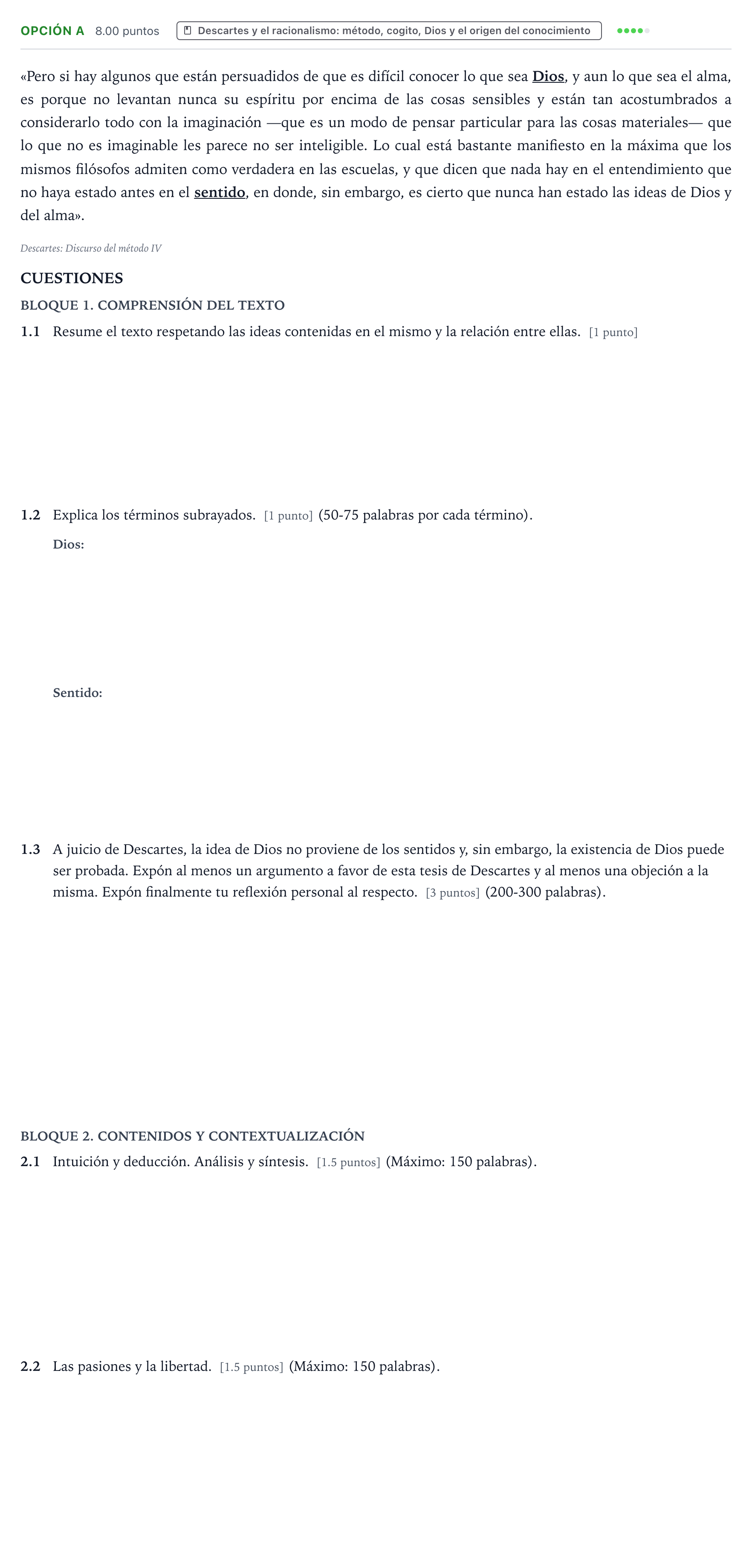 Enunciado: Opción A - Descartes · Historia de la Filosofía PAU País Vasco Extraordinaria 2021