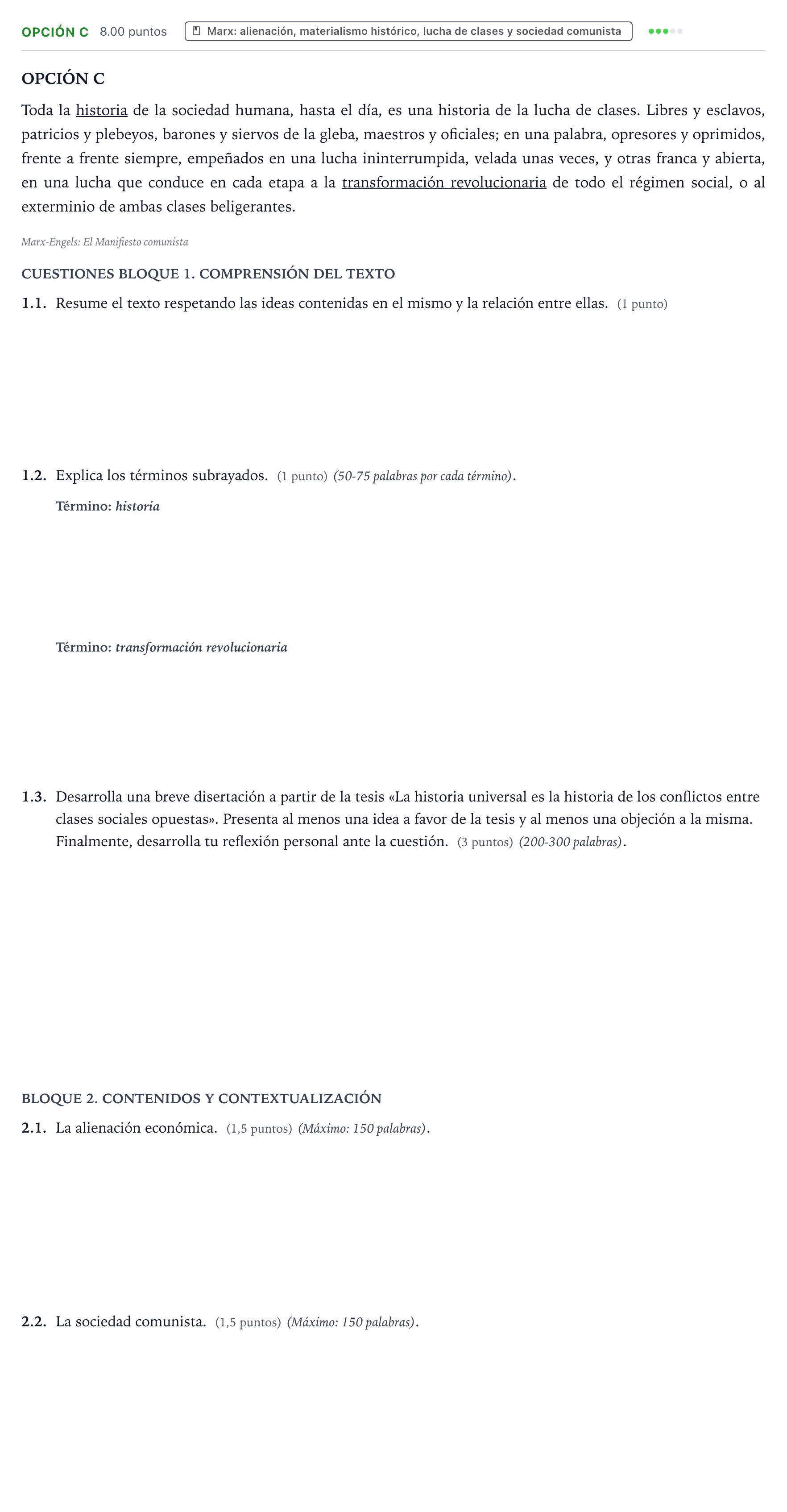 Enunciado: Opción C - Marx · Historia de la Filosofía PAU País Vasco Extraordinaria 2021