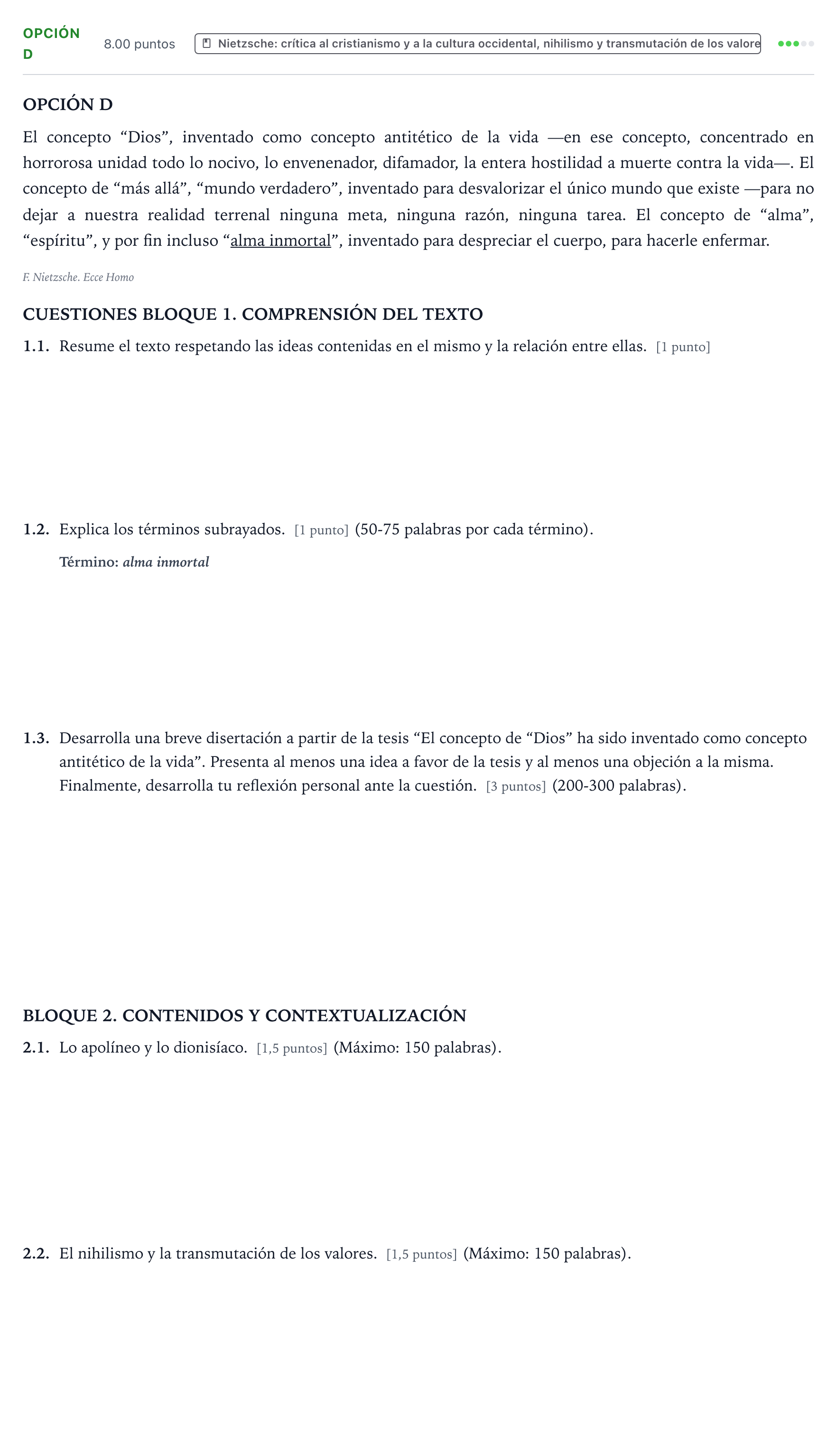 Enunciado: Opción D - Nietzsche · Historia de la Filosofía PAU País Vasco Extraordinaria 2021