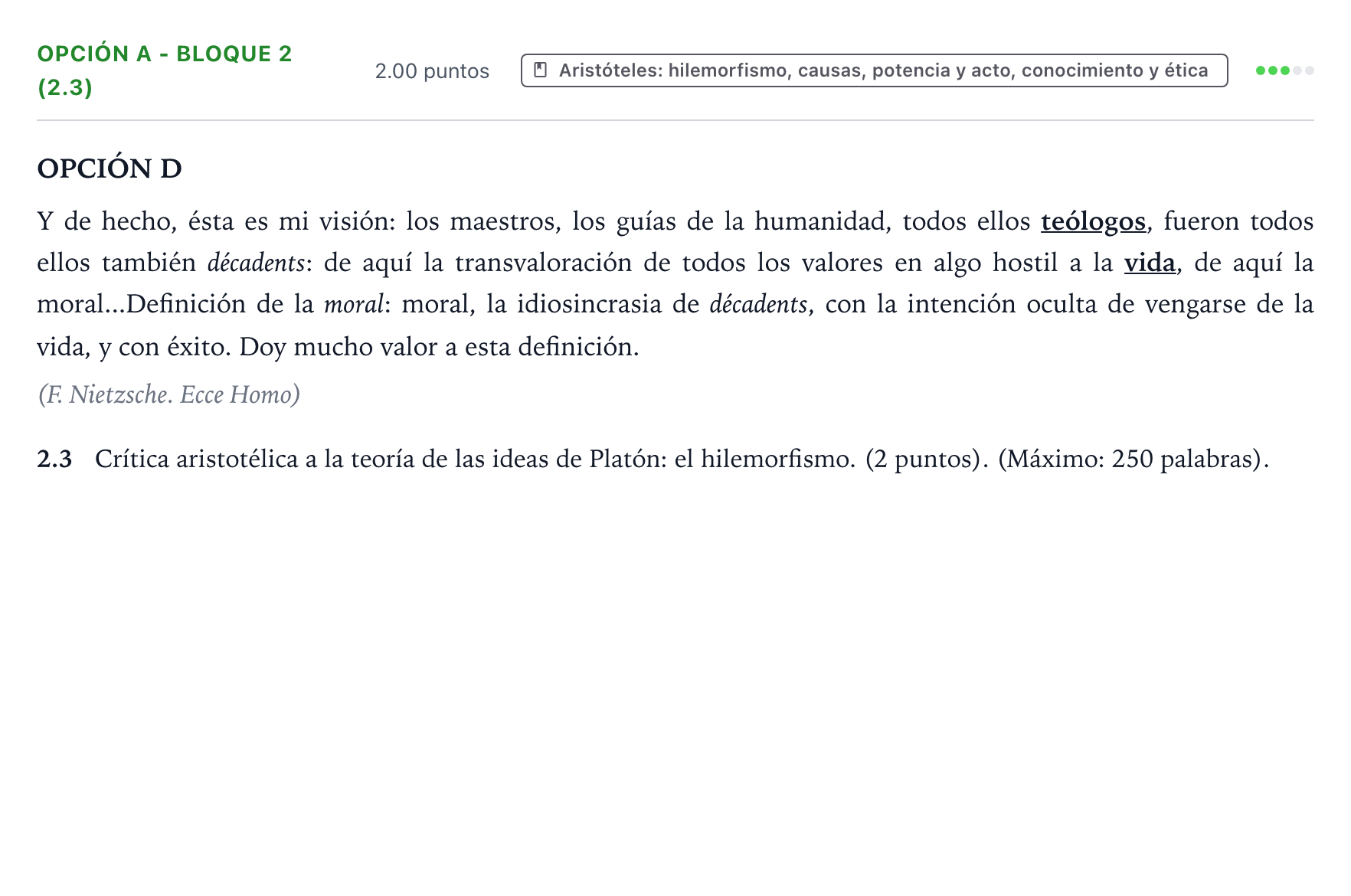 Enunciado: Opción A - Bloque 2 (2.3) · Historia de la Filosofía PAU País Vasco Ordinaria 2021