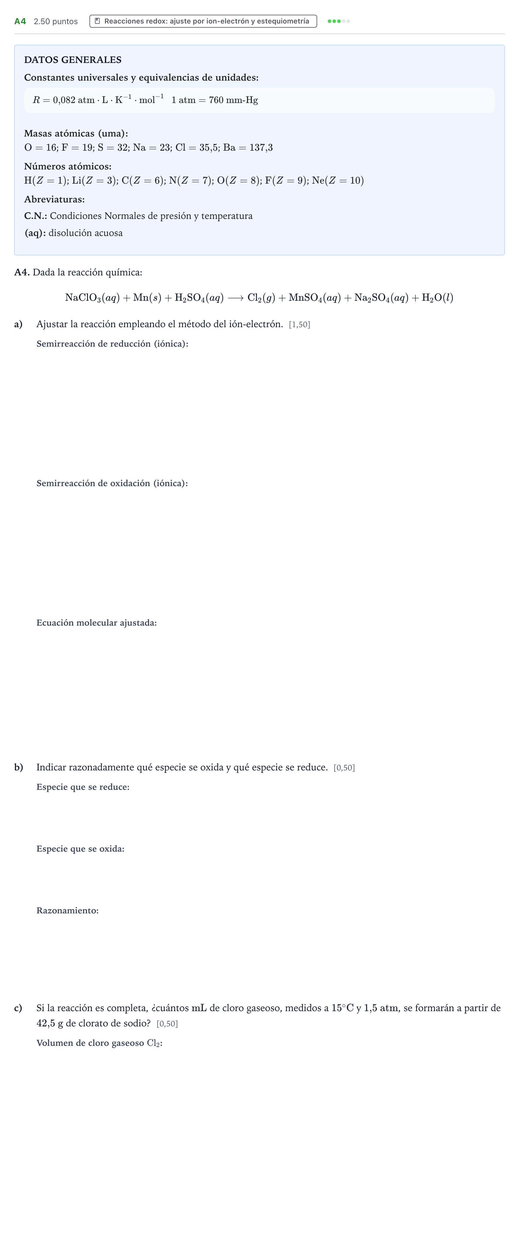 Enunciado: Ejercicio A4 · Química PAU País Vasco Extraordinaria 2021