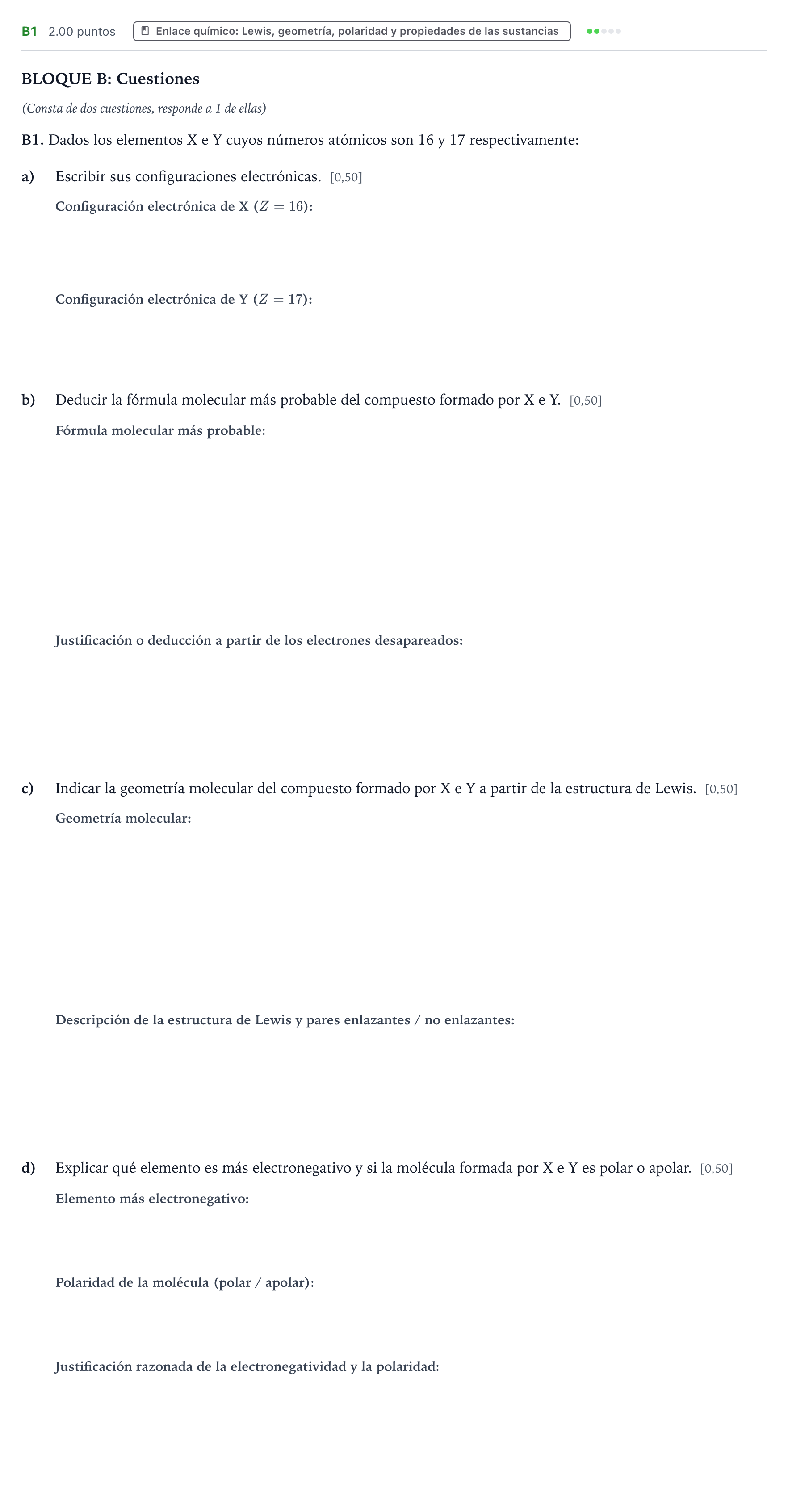 Enunciado: Ejercicio B1 · Química PAU País Vasco Extraordinaria 2021