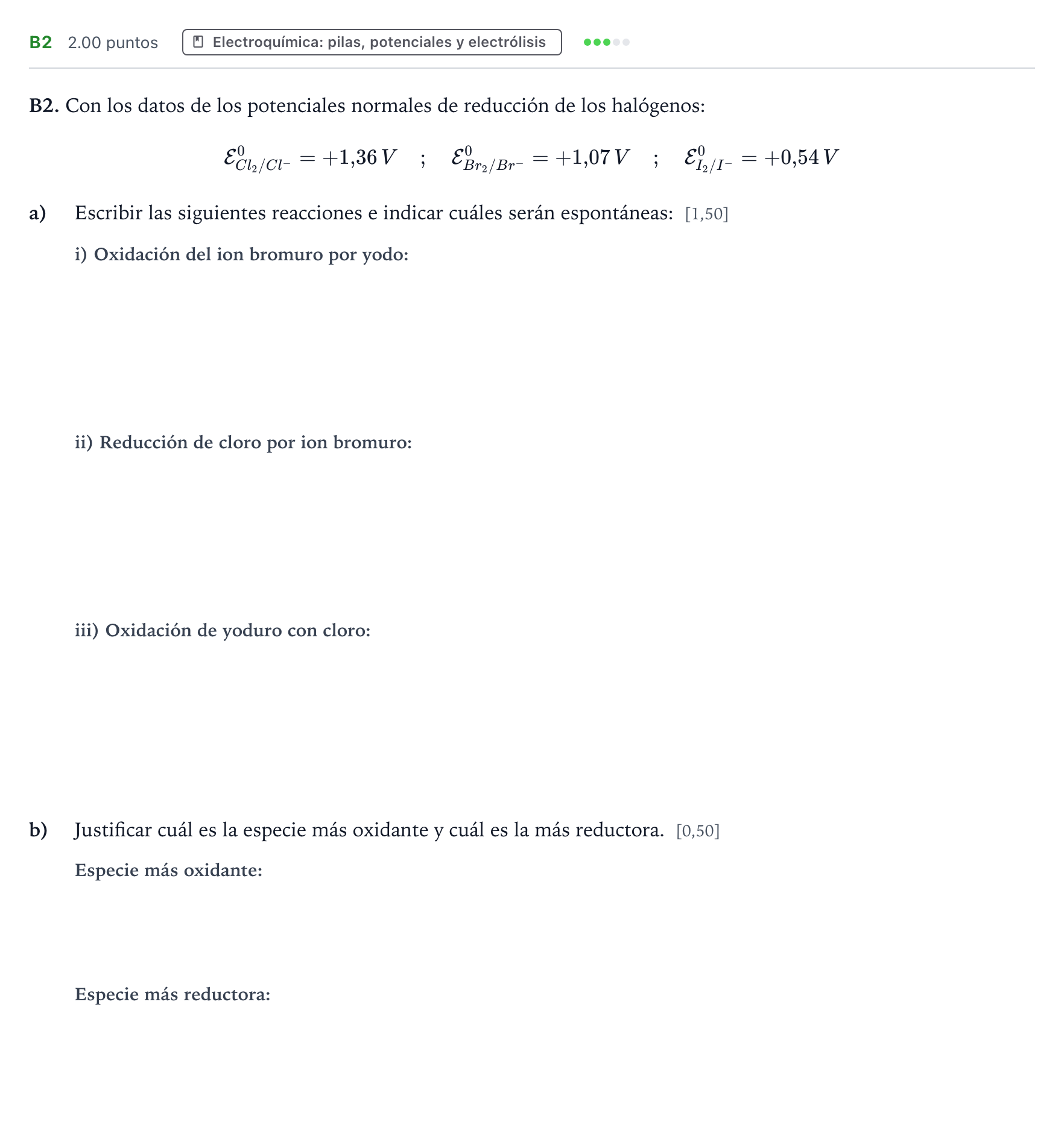 Enunciado: Ejercicio B2 · Química PAU País Vasco Extraordinaria 2021