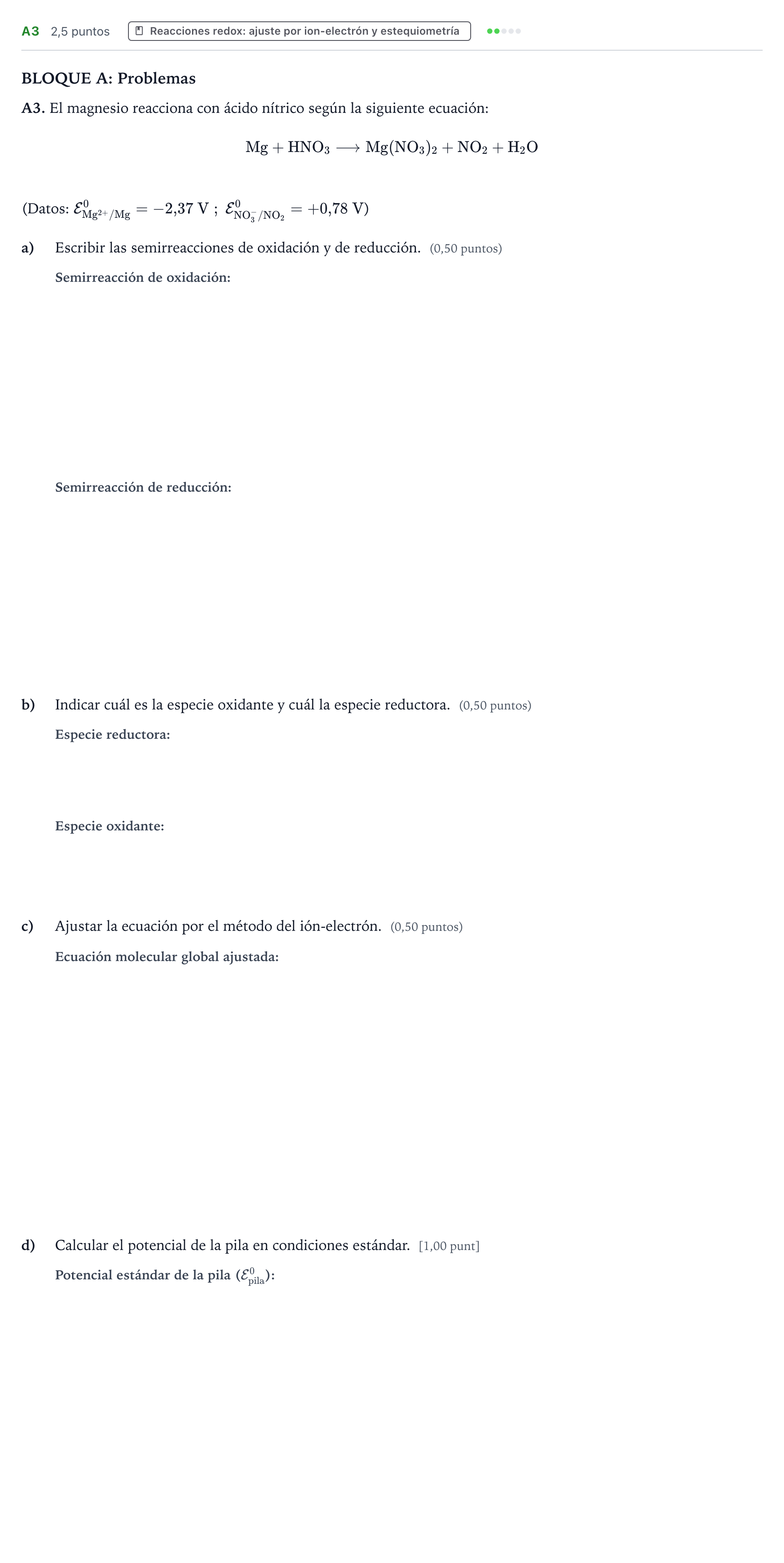 Enunciado: Ejercicio A3 · Química PAU País Vasco Ordinaria 2021