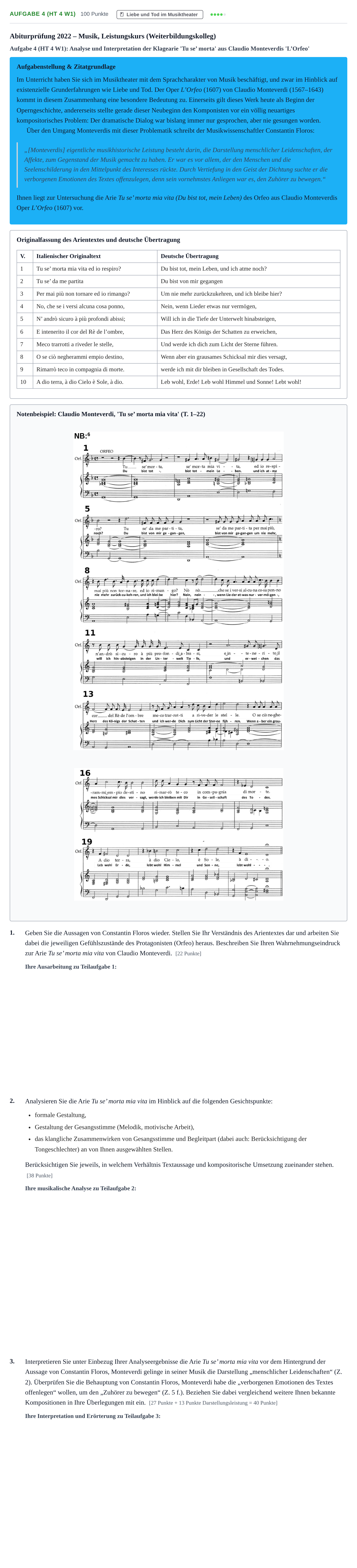 Aufgabenstellung: Aufgabe 4 (HT 4 W1) · Abitur NRW Musik LK · Haupttermin · Weiterbildungskolleg 2022