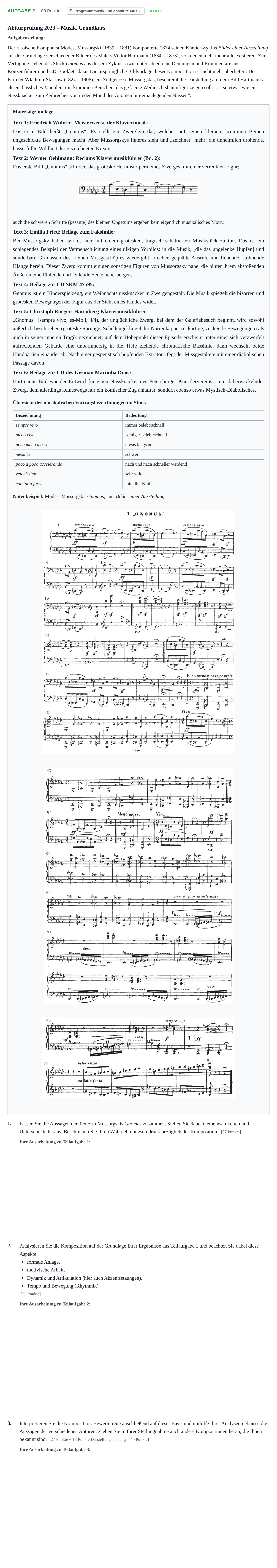 Aufgabenstellung: Aufgabe 2 · Abitur NRW Musik GK · Haupttermin 2023