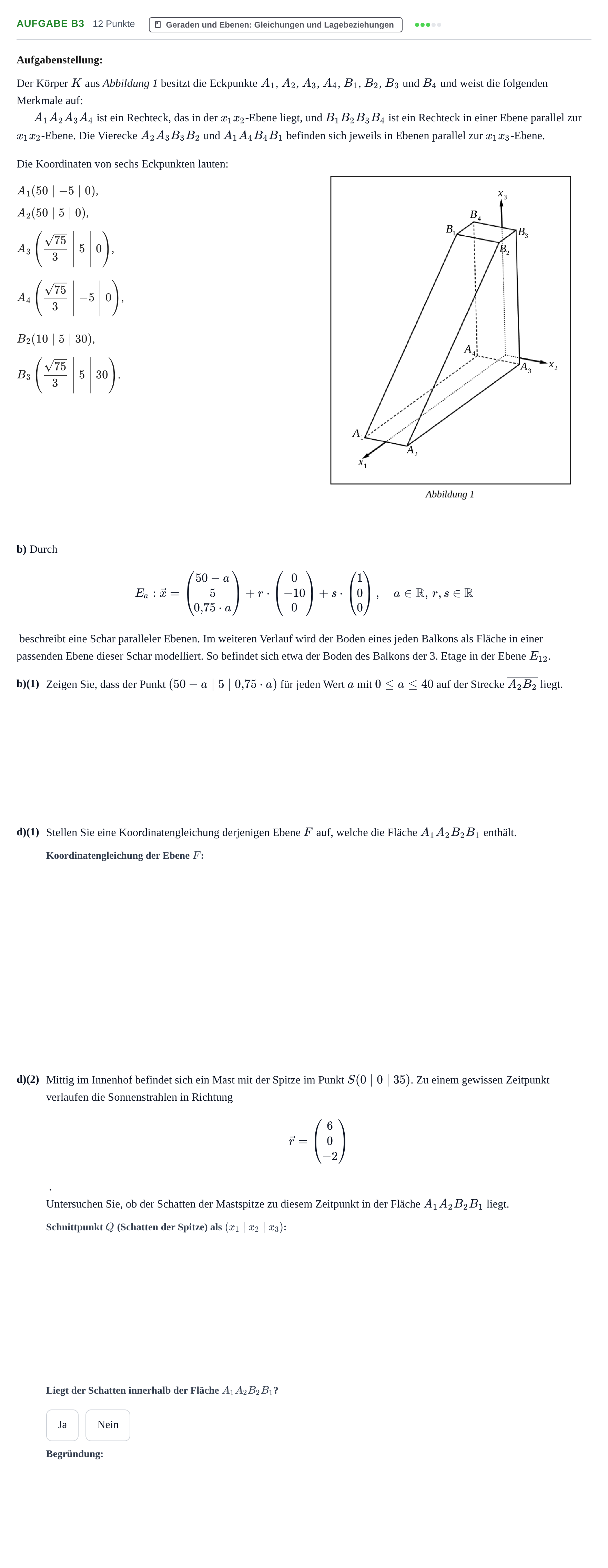 Aufgabenstellung: Aufgabe B3 - Geraden und Ebenen · Abitur NRW Mathematik LK · Haupttermin · GTR 2023