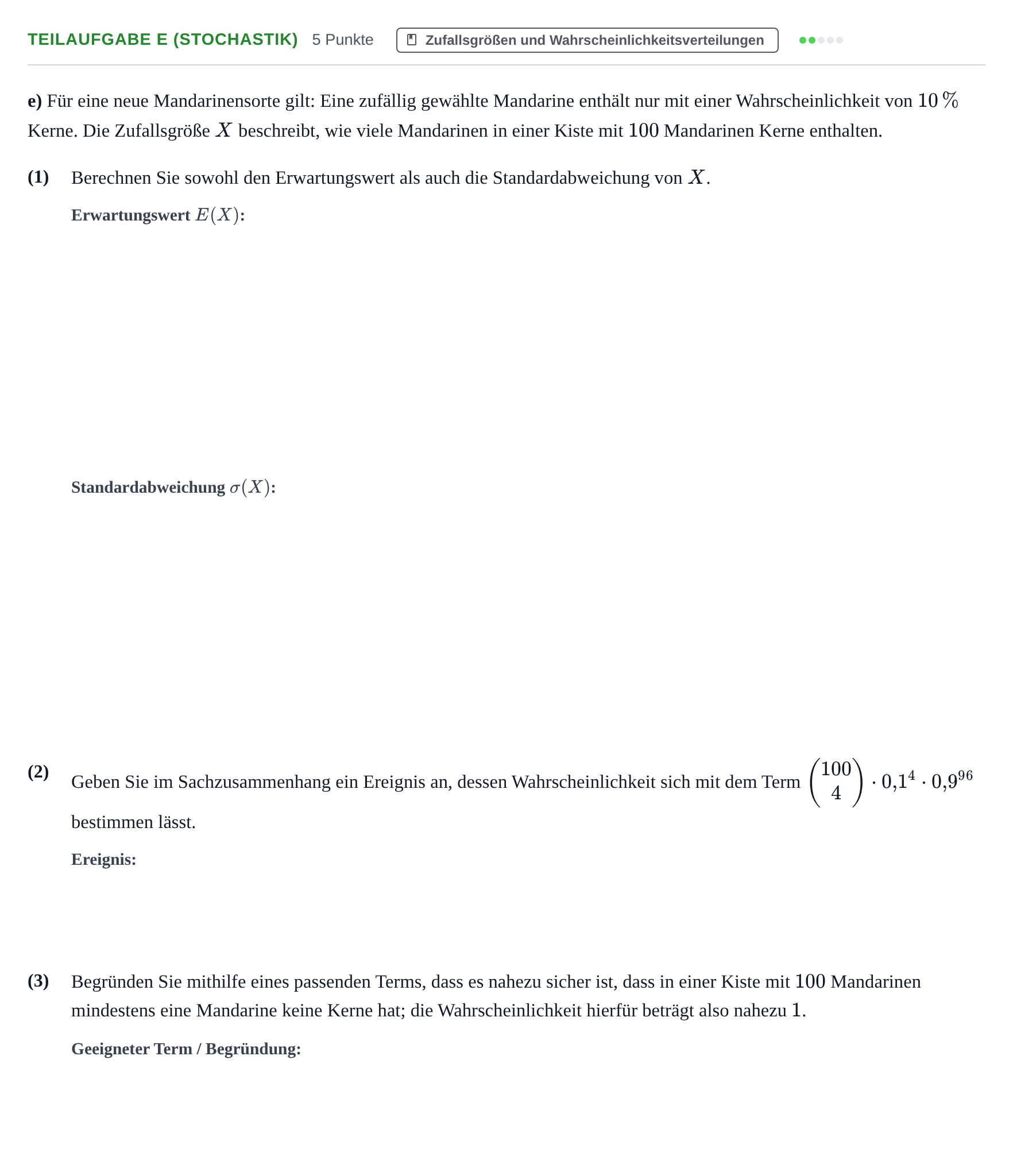 Aufgabenstellung: Teilaufgabe e (Stochastik) · Abitur NRW Mathematik LK · Nachtermin · CAS 2023
