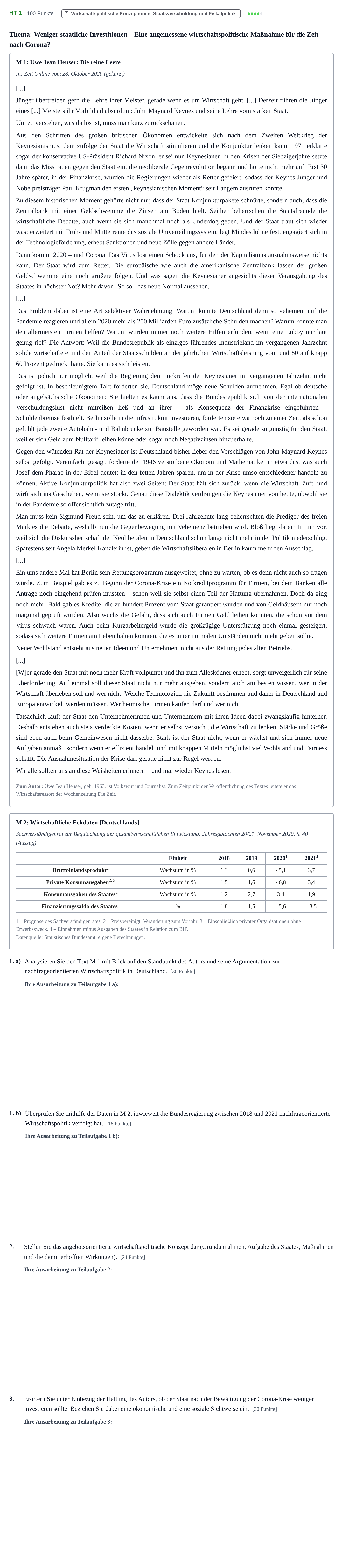 Aufgabenstellung: Aufgabe HT 1 · Abitur NRW Sozialwissenschaften LK · Haupttermin 2022