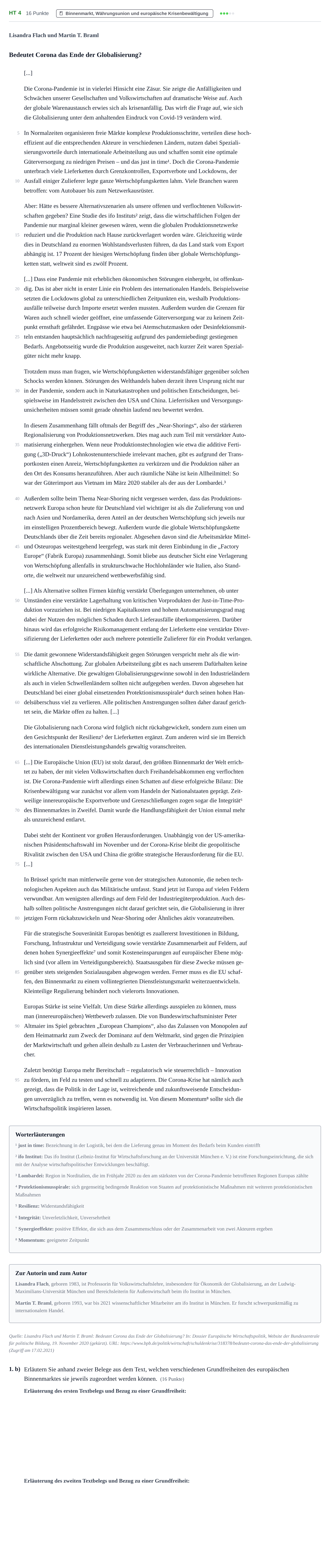 Aufgabenstellung: Aufgabe HT 4 - Binnenmarkt · Abitur NRW Sozialwissenschaften LK · Haupttermin 2022