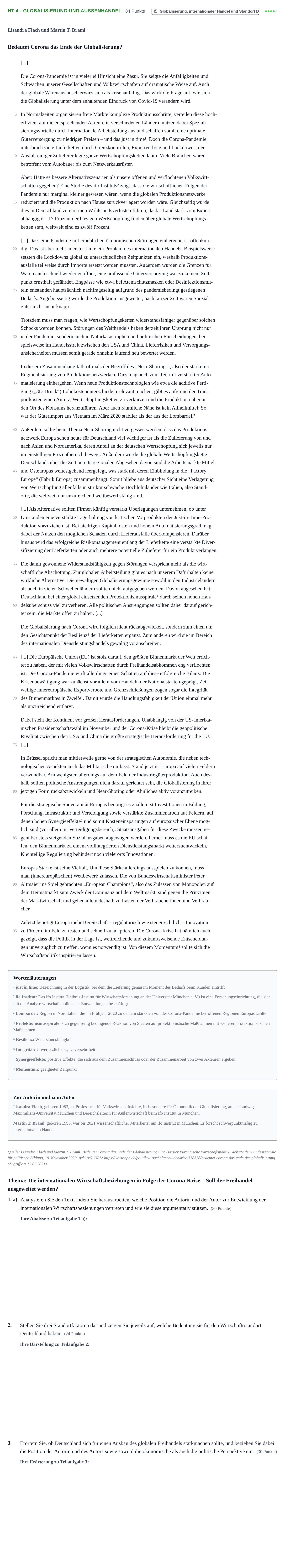 Aufgabenstellung: Aufgabe HT 4 - Globalisierung und Außenhandel · Abitur NRW Sozialwissenschaften LK · Haupttermin 2022