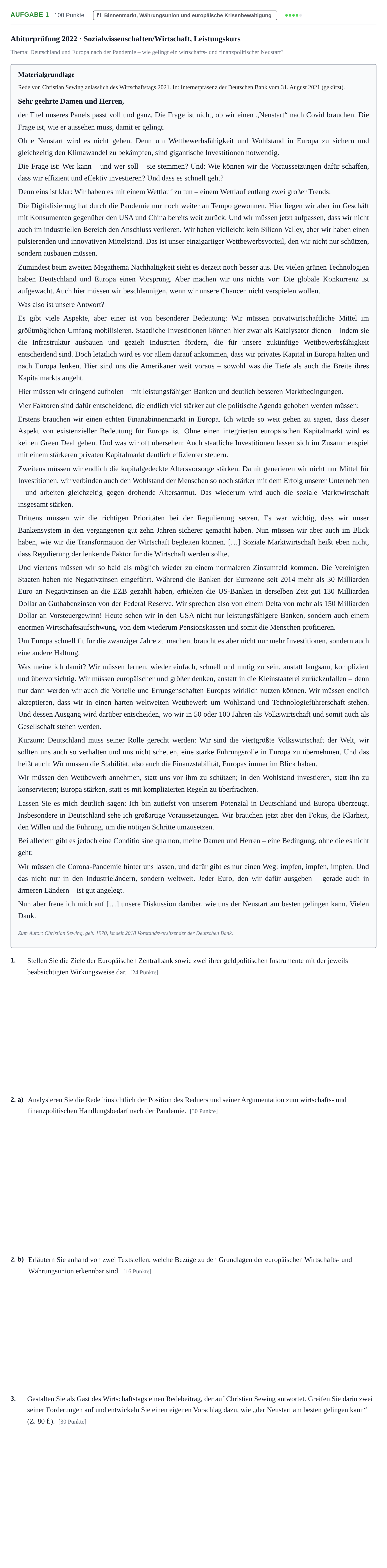 Aufgabenstellung: Aufgabe 1 · Abitur NRW Sozialwissenschaften LK · Nachtermin · Wirtschaft 2022