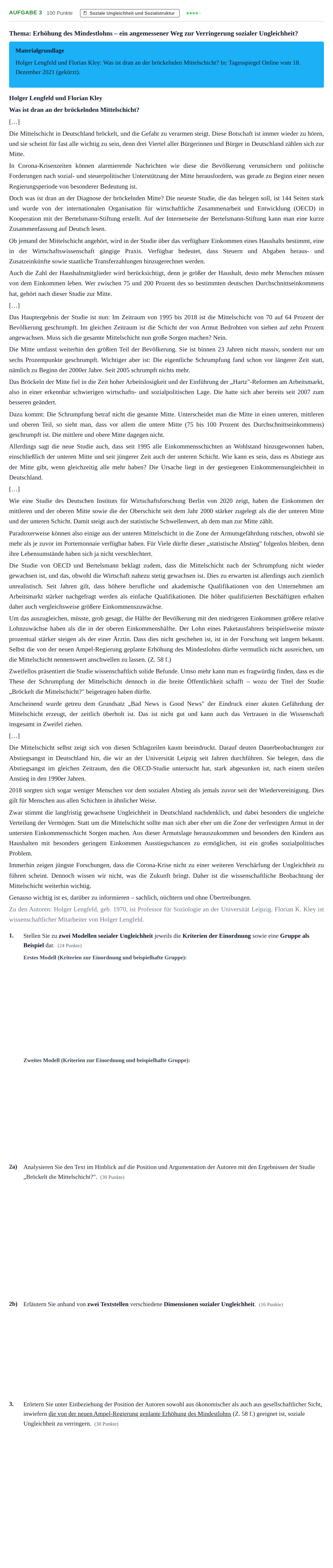 Aufgabenstellung: Aufgabe 3 · Abitur NRW Sozialwissenschaften LK · Nachtermin · Wirtschaft 2022
