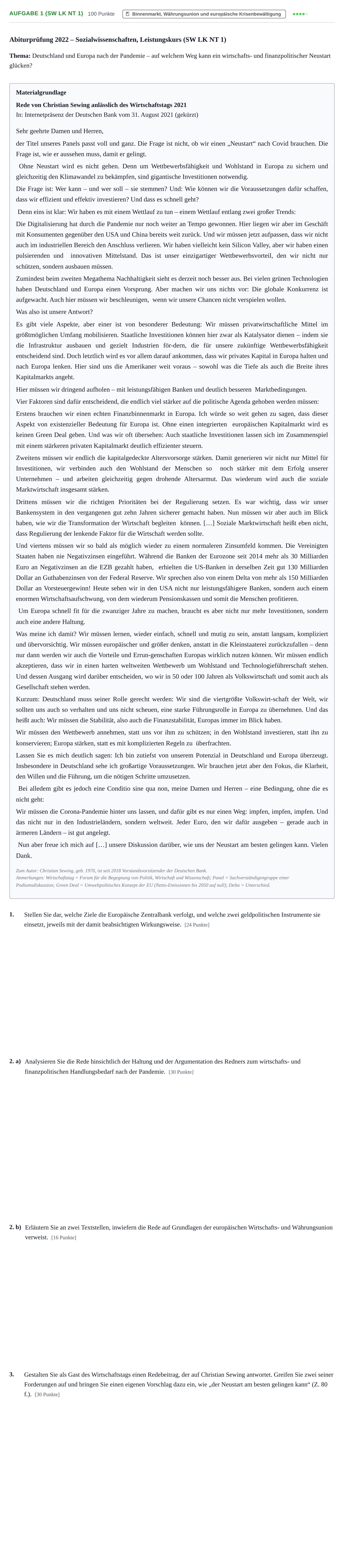 Aufgabenstellung: Aufgabe 1 (SW LK NT 1) · Abitur NRW Sozialwissenschaften LK · Nachtermin 2022
