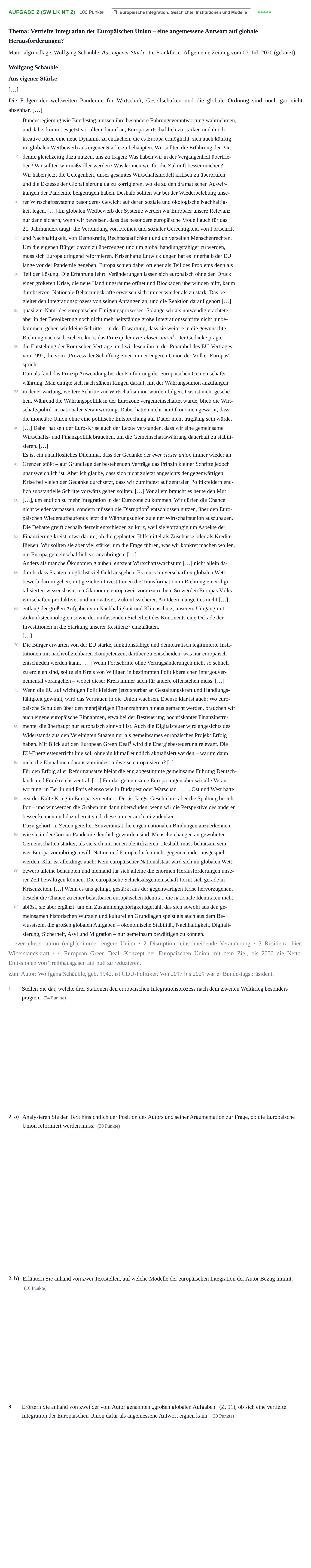 Aufgabenstellung: Aufgabe 2 (SW LK NT 2) · Abitur NRW Sozialwissenschaften LK · Nachtermin 2022