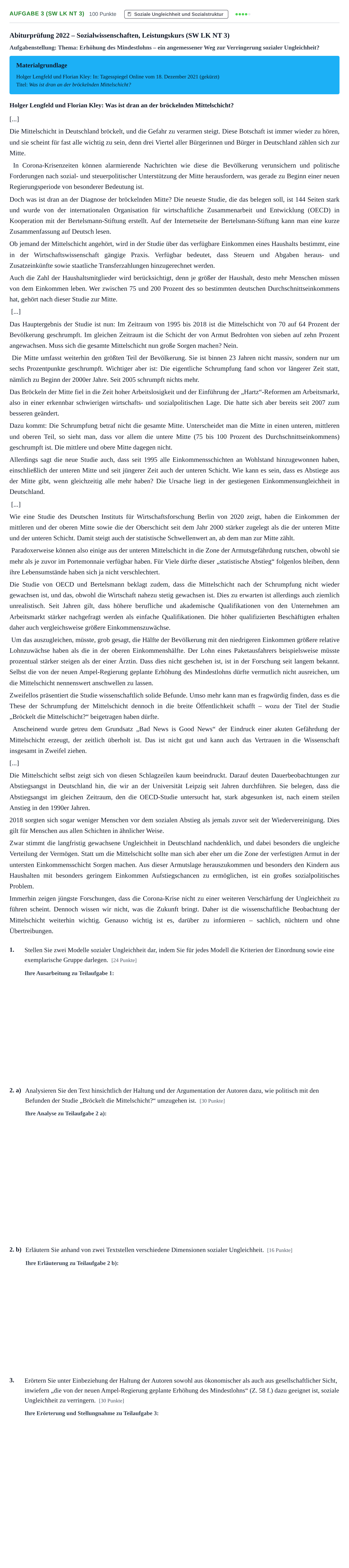 Aufgabenstellung: Aufgabe 3 (SW LK NT 3) · Abitur NRW Sozialwissenschaften LK · Nachtermin 2022