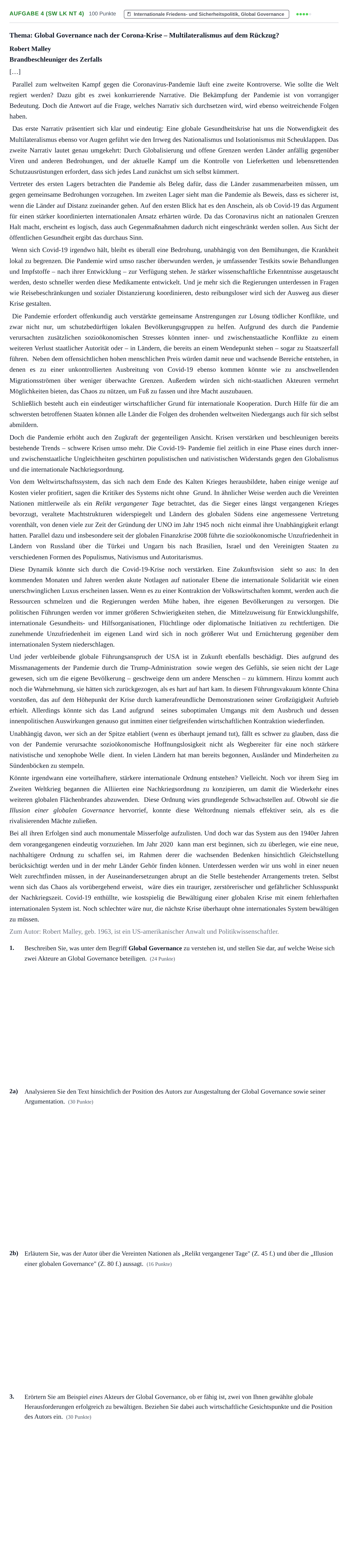 Aufgabenstellung: Aufgabe 4 (SW LK NT 4) · Abitur NRW Sozialwissenschaften LK · Nachtermin 2022