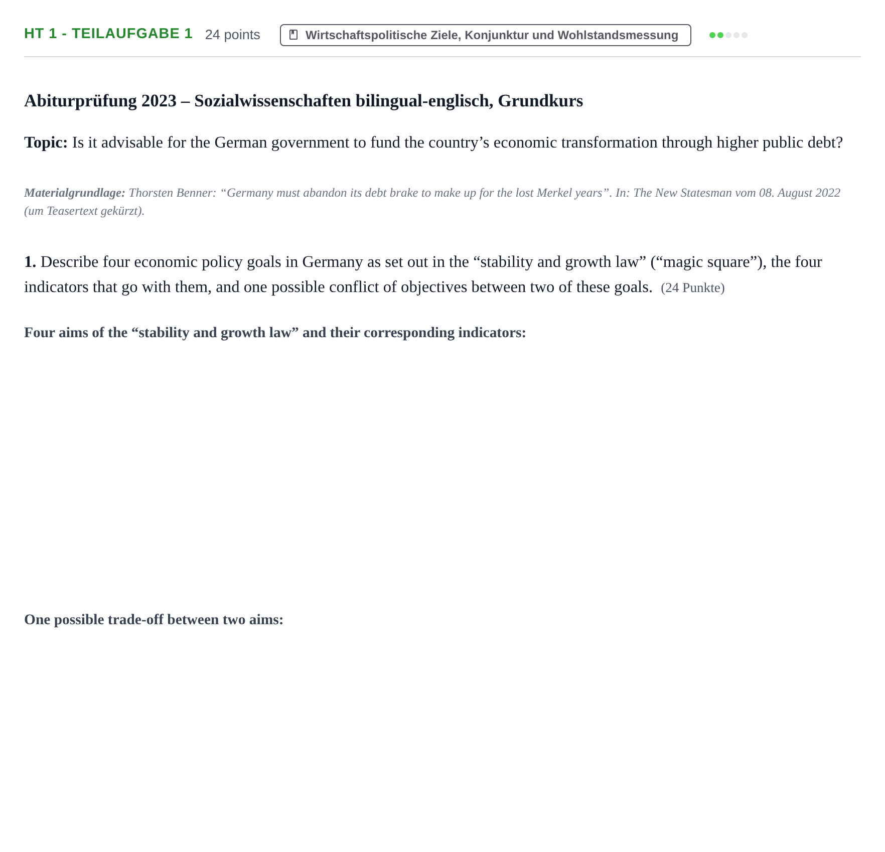 Aufgabenstellung: Aufgabe HT 1 - Teilaufgabe 1 · Abitur NRW Sozialwissenschaften GK · Haupttermin · bilingual Englisch 2023