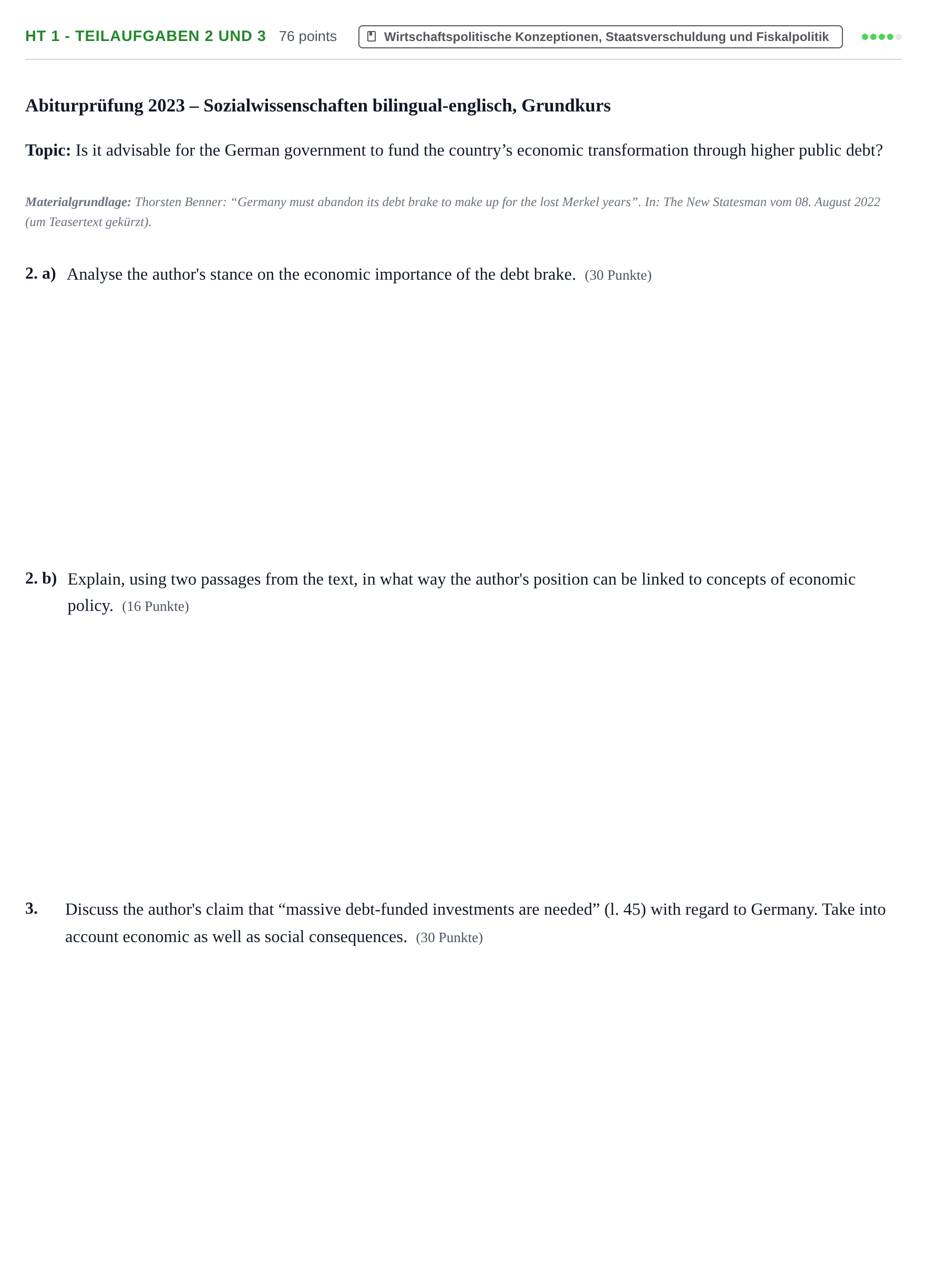 Aufgabenstellung: Aufgabe HT 1 - Teilaufgaben 2 und 3 · Abitur NRW Sozialwissenschaften GK · Haupttermin · bilingual Englisch 2023