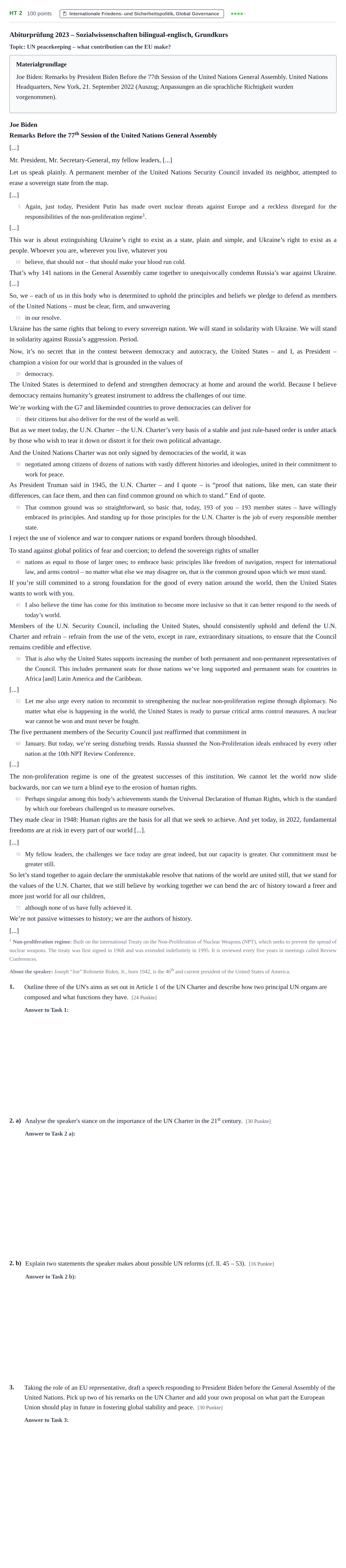 Aufgabenstellung: Aufgabe HT 2 · Abitur NRW Sozialwissenschaften GK · Haupttermin · bilingual Englisch 2023
